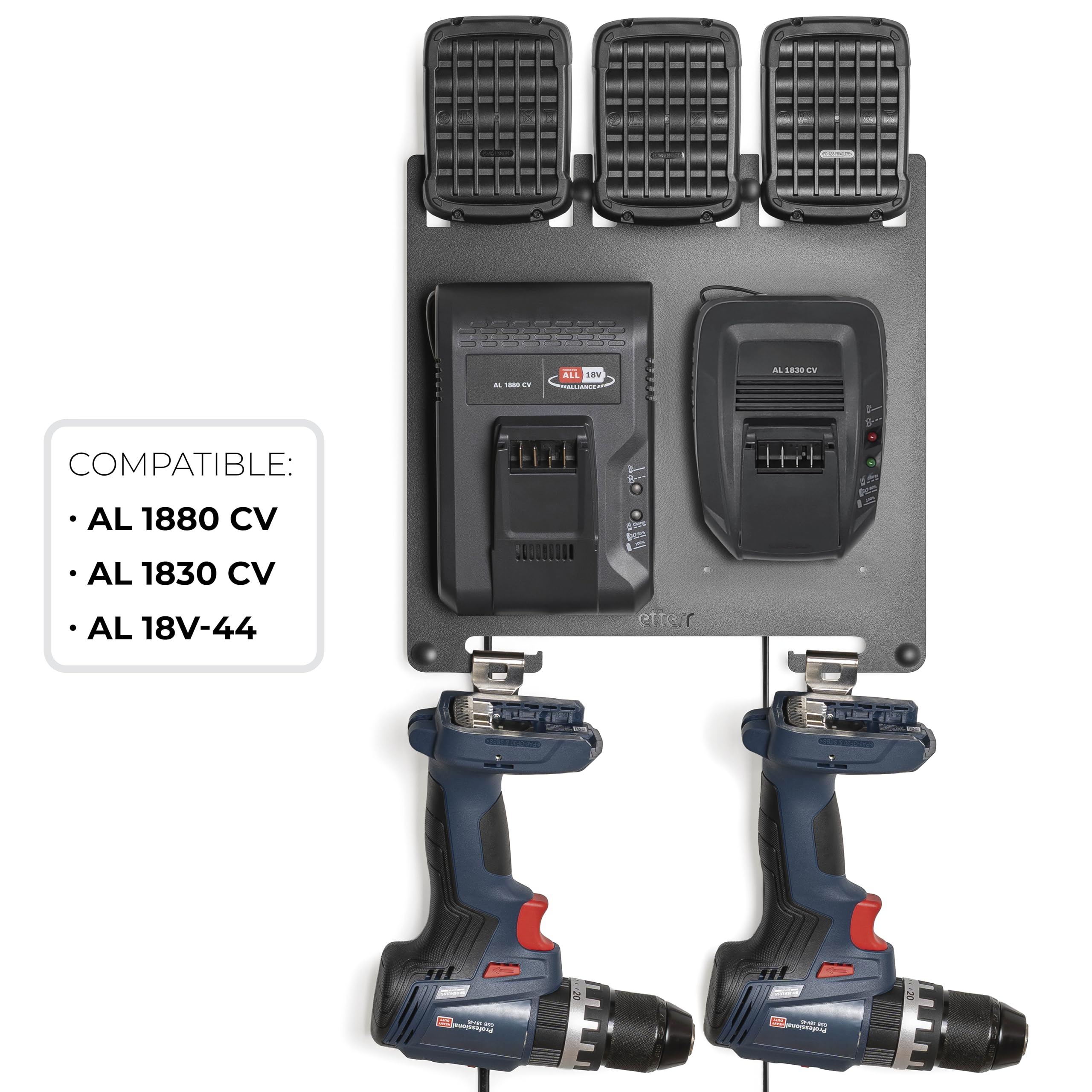 • Metalowy uchwyt ścienny do akumulatorów i ładowarek Bosch Home & Garden 18 V • kompatybilny z AL 1880 KM, 1830 KM i 18 V-44 • stacja ładująca • Panel narzędzi i wieszak na wiertarki