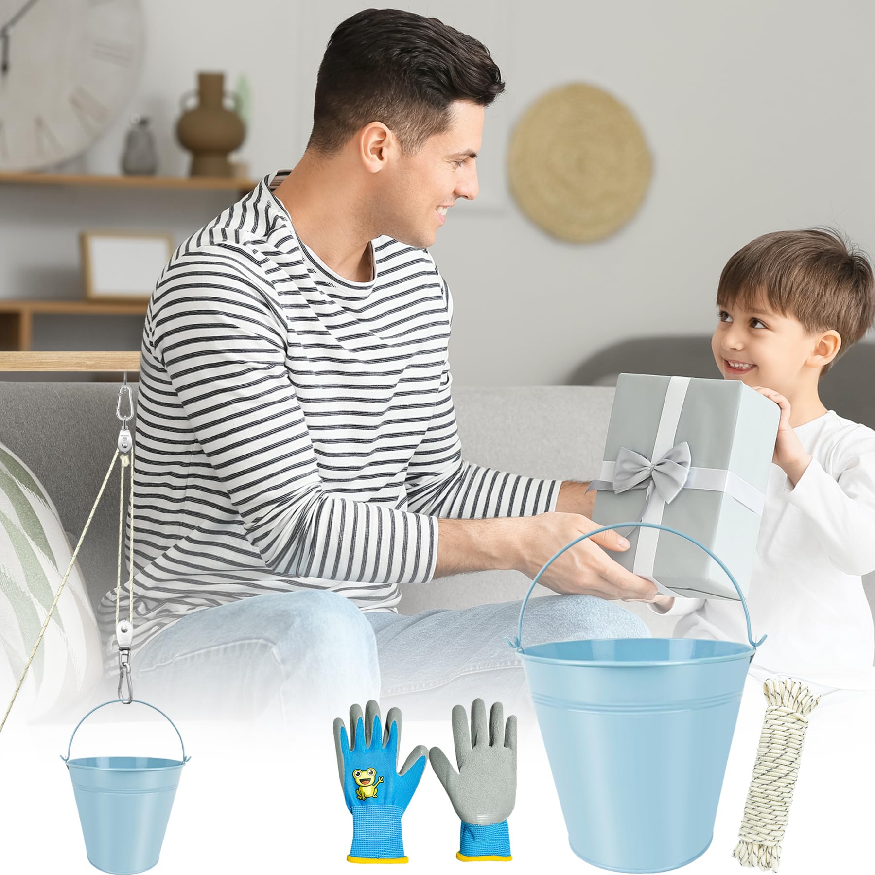 TZEKING Poulie Enfants,Poulie avec 2 Seau en Métal,Système de Poulie pour Enfants et Seau,Accessoires pour Cabane dans Les Arbres et Tour de Jeu,pour Enfants à partir de 3 Ans