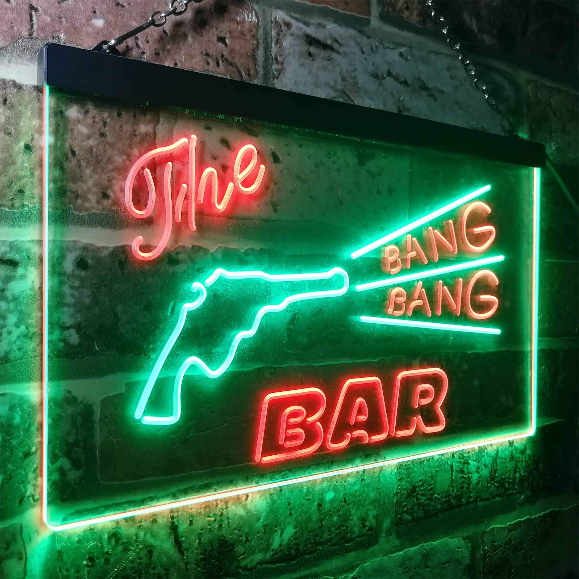 The Bang Bang Bar Gun Dual Color LED Enseigne Lumineuse Neon Sign Vert et rouge 600 x 400mm st6s64-i3347-gr