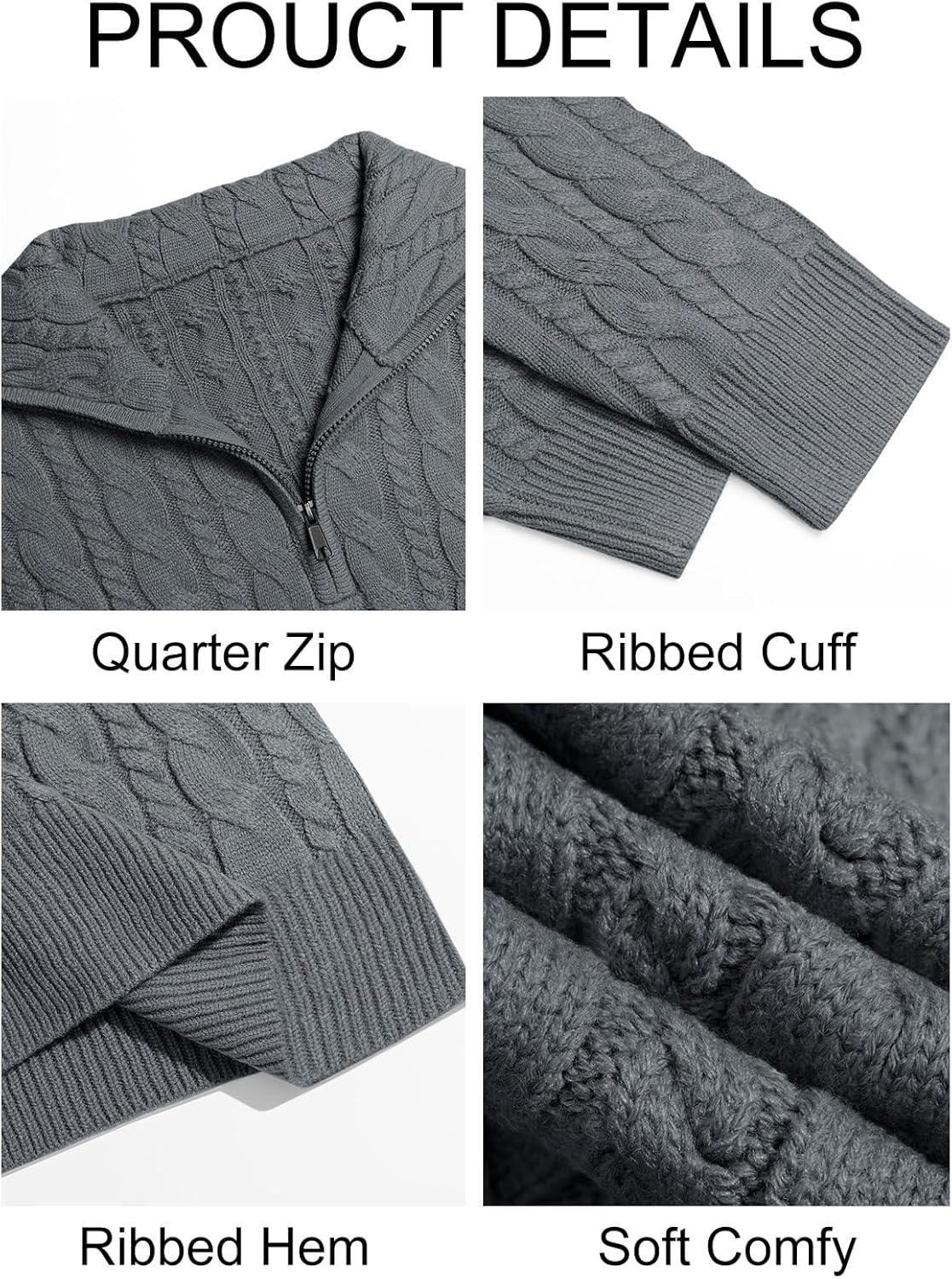 Yousify Mens Quarter-Zip Pullover Sweater Casual Mock Neck Cable Knitted Winter Warm Chunky Polo Sweaters - Image 5