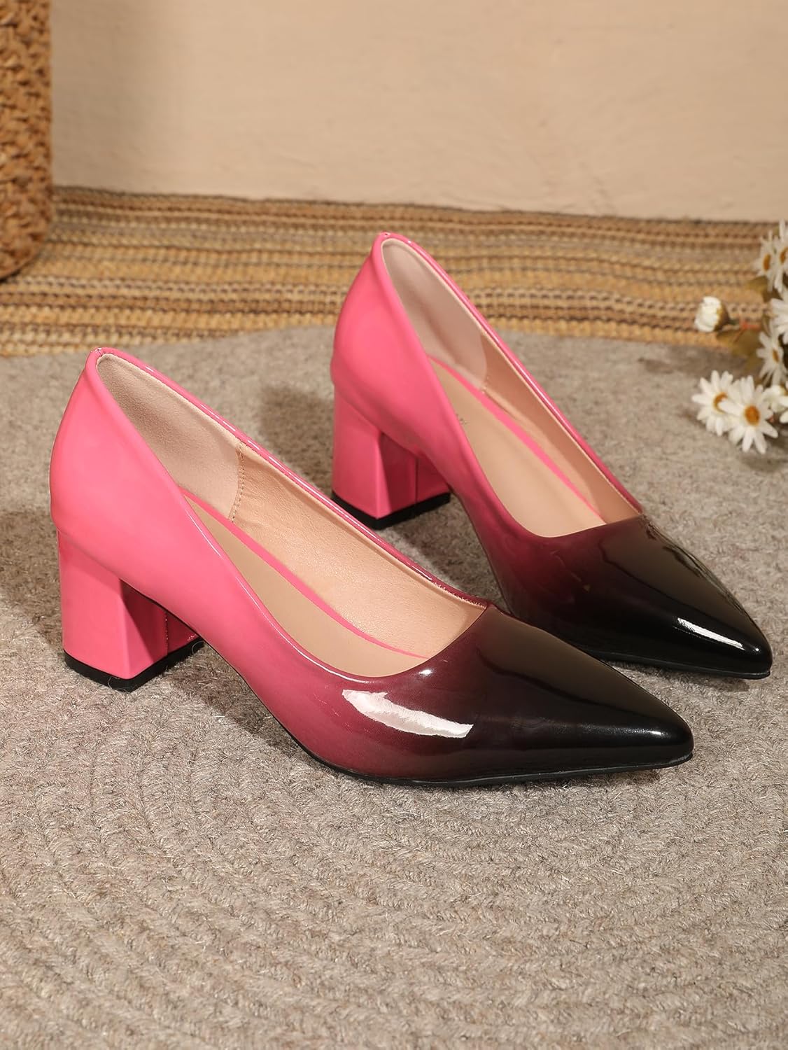 Slip On Low Block Pumps for Women Patent Leather Comfortable 2.36 Inch Women's Closed Pointy Toe Chunky Heels Two Tone Work Dress Party Pump Shoes Noiseless Heels Options