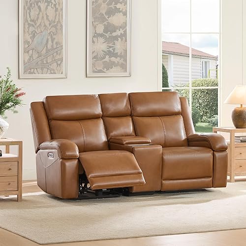 Watson & Whitely Genuine Leather Power Loveseat Recliner Sofa, Wall Hugger Loveseat Reclining Sofa with Storage Console, Power Headrest, Cup Holders, Dual Recliners for Living Room, RV, Saddle Brown