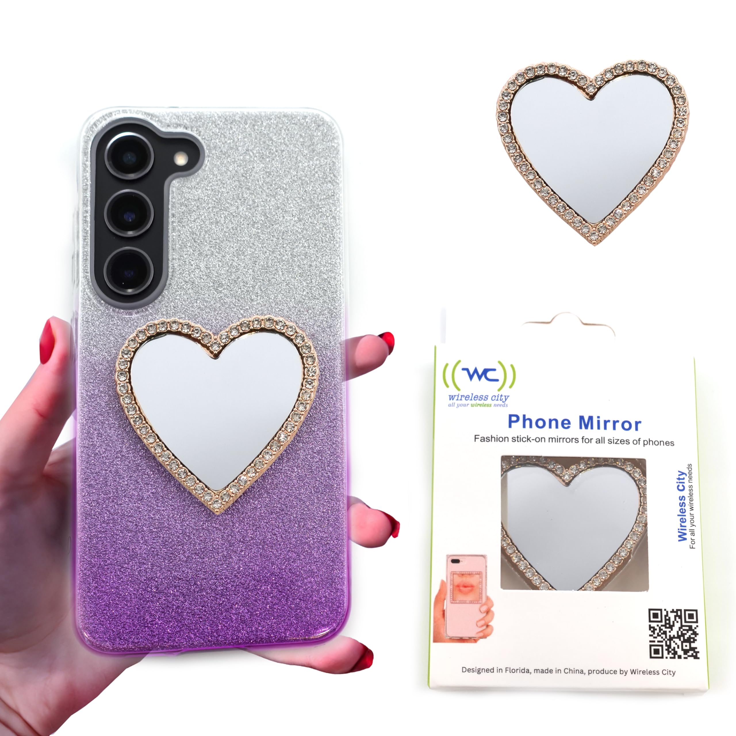 Wireless City Heart Phone Mirror Stick-On - Gold Diamond Bling Cell Phone Mirror for Phone Case with Cubic