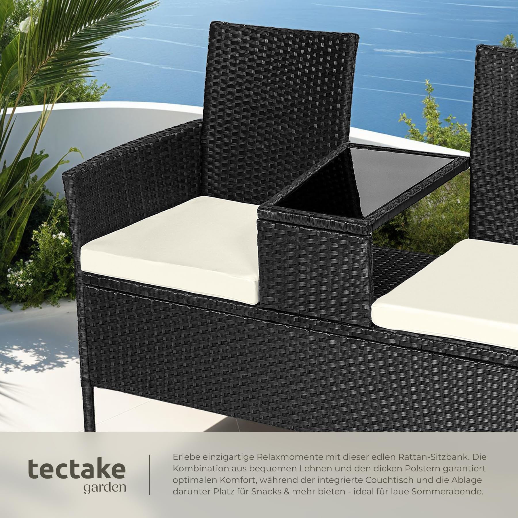 tectake 404557 Poly Rattan Gartenbank mit Tisch, 2-Sitzer Bank, 131 x 61 x 82 cm, Sitzbank für Garten Balkon und Terrasse, Gartensitzbank inkl. Sitzkissen, schwarz-beige