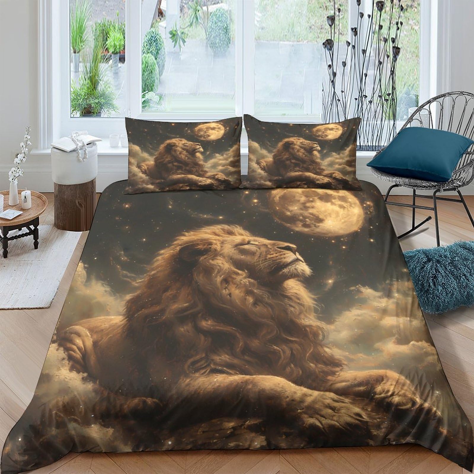 Ctjqhvkz Style-1 3D Printed Majestic Lion Fitted Sheet Microfiber Soft Breathable Full Moon Bed Cover For Bedroom Guest Room Decor Single（135X200cm）