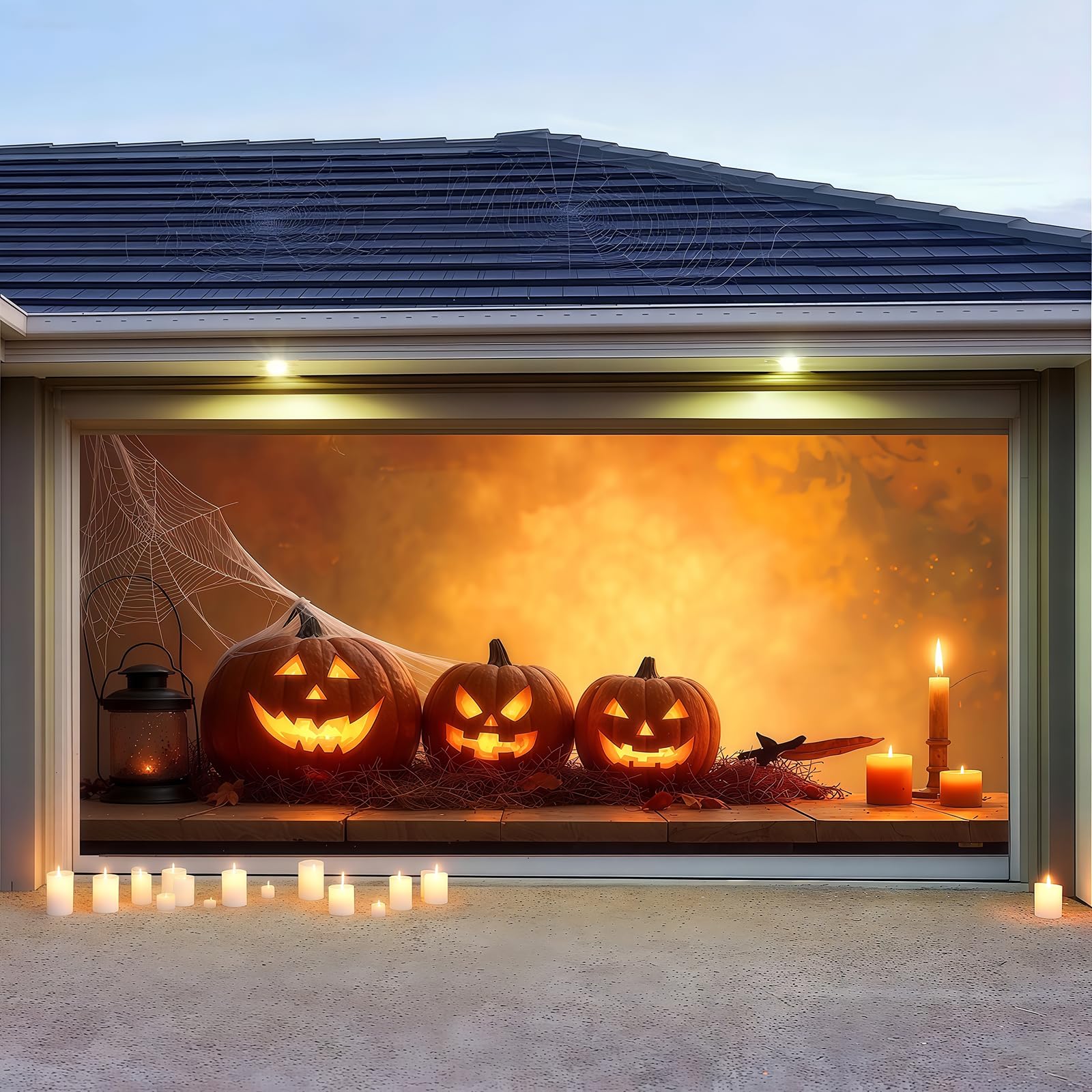 Zfflyh Spider Web Pumpkin Halloween Garage Door Cover Banner, Large Hanging Backdrop Horror Haunted Halloween Garage Wall Decorations For Home Outdoor Indoor Holiday Party,,16X7ft