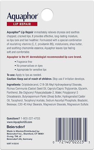 Miniatura 9 de Aquaphor Ungüento para reparación de labios, paquete de bálsamo labial hidratante, alivia la sequedad, tubo de 0.35, paquete de 2