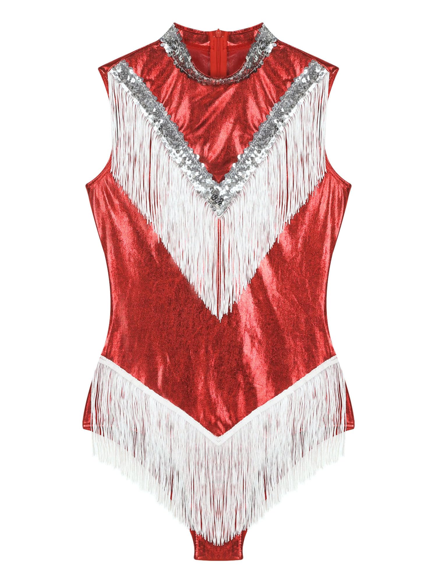 iEFiEL Maillot Brillante de Baile Latino con Flecos para Mujer Patinaje sin Mangas Leotardos Danza Salsa Tango Jazz Rumba
