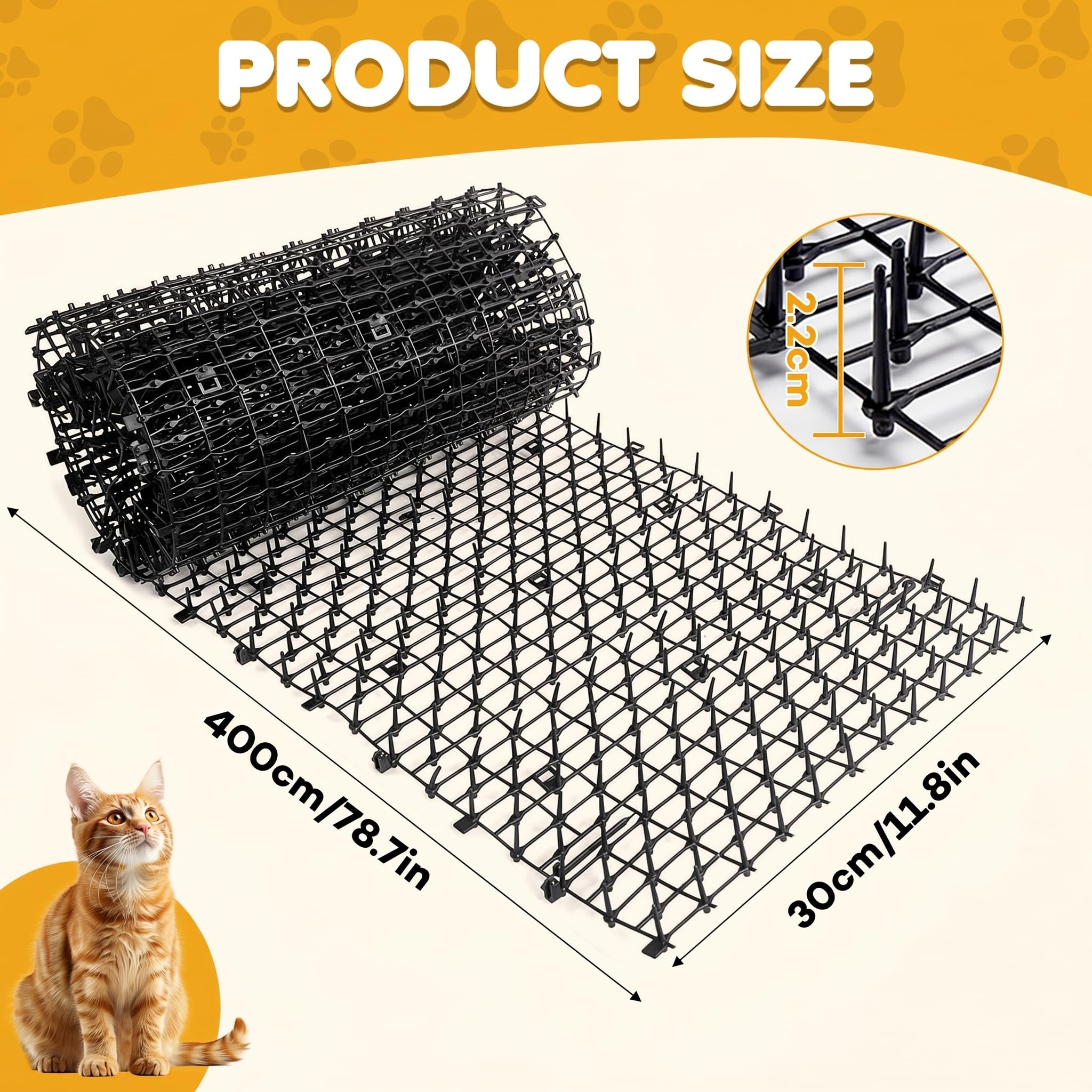 Tappeto Anti Gatto con Punte 30 x 400 cm, 12 Picchetti a U e 15 Fascette, Tappetino Repellente Gatti Dissuasore Barriera per Giardino, Balcone, Piante, Auto e Divano