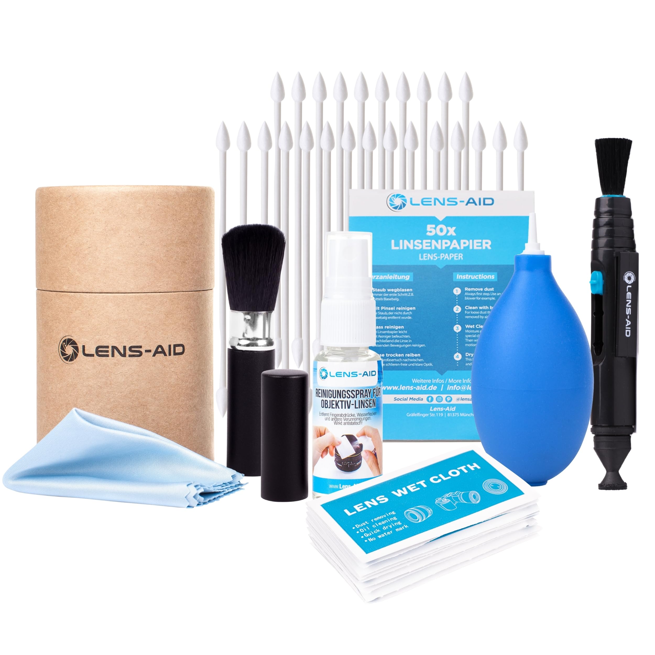 LENS-AID 8-in-1 Kamera Reinigungsset für Vollformat, APS-C & Objektiv - Mit Flüssig-Reiniger, Mikrofasertuch, Reinigungsstäbchen, feuchten Reinigungstüchern, Reinigungsstift, Blasebalg & mehr