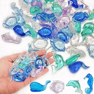 500g (Approx. 150-200PCS) Assorted Acrylic Ocean Sea Shells, Starfish, Seahorse, Beach Party Decor, Wedding Table Scatter, Vase Fillers, Home Decoration (Blue Marine Life)