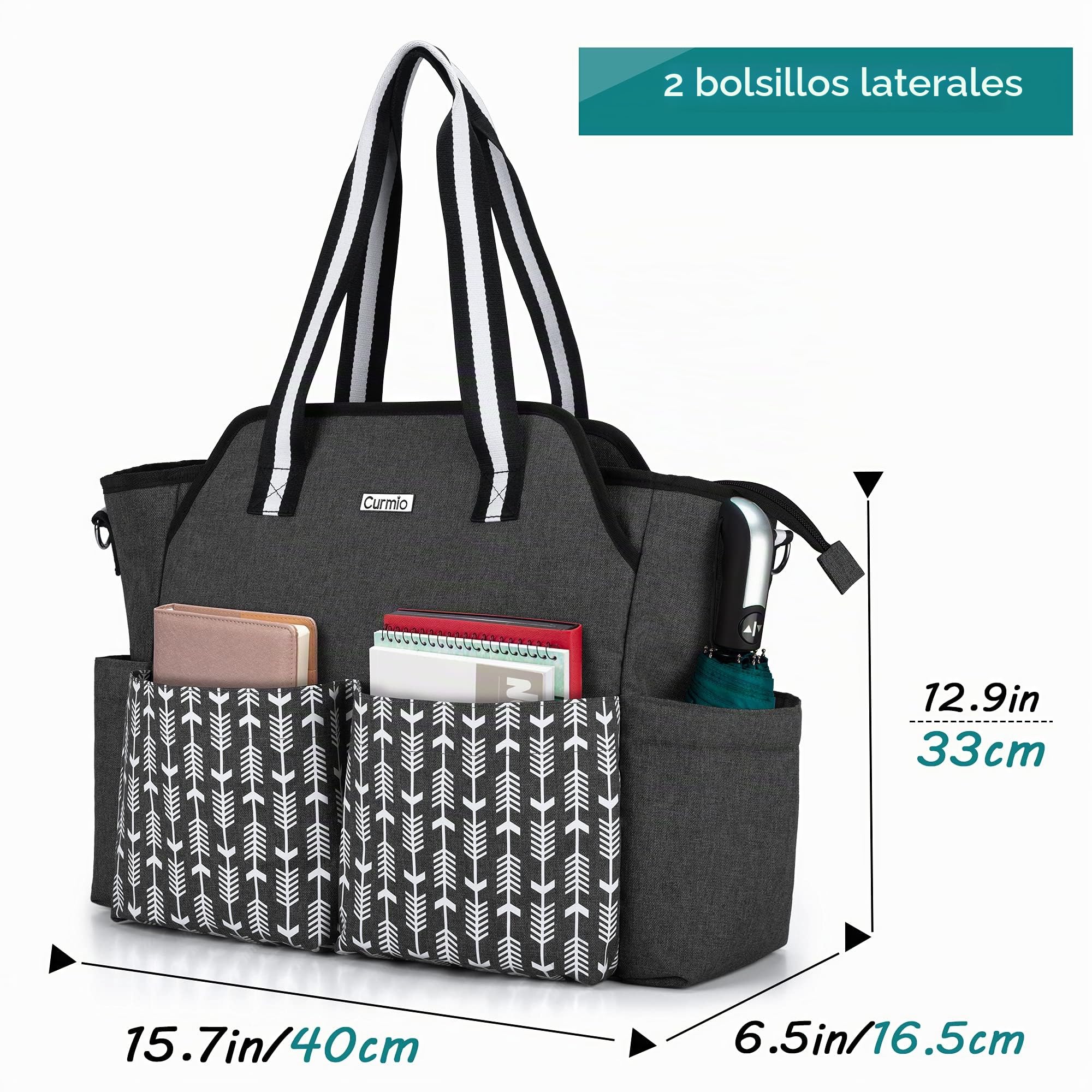 CURMIO Bolsa de Trabajo para Profesora Mujer con Funda para Laptop, Negro | Correa de Hombro Desmontable, Varios Bolsillos, para Profesores/ Enfermeras/ Universidad/ Negocios, Sólo Bolsa