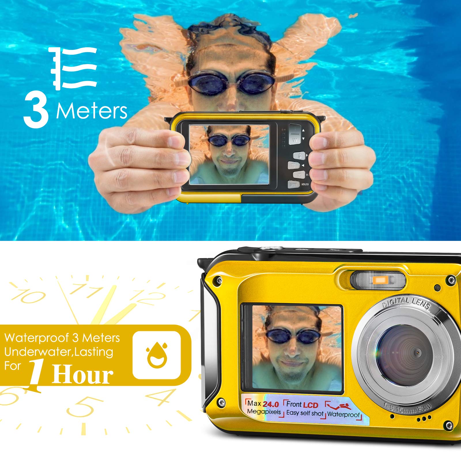 Aomdom Macchina Fotografica Subacquea, Full HD 2.7K 24MP Fotocamera Subacquea Digitale Zoom Digitale 16X Macchina Fotografica Subacquea Bambini Doppio Schermo giallo