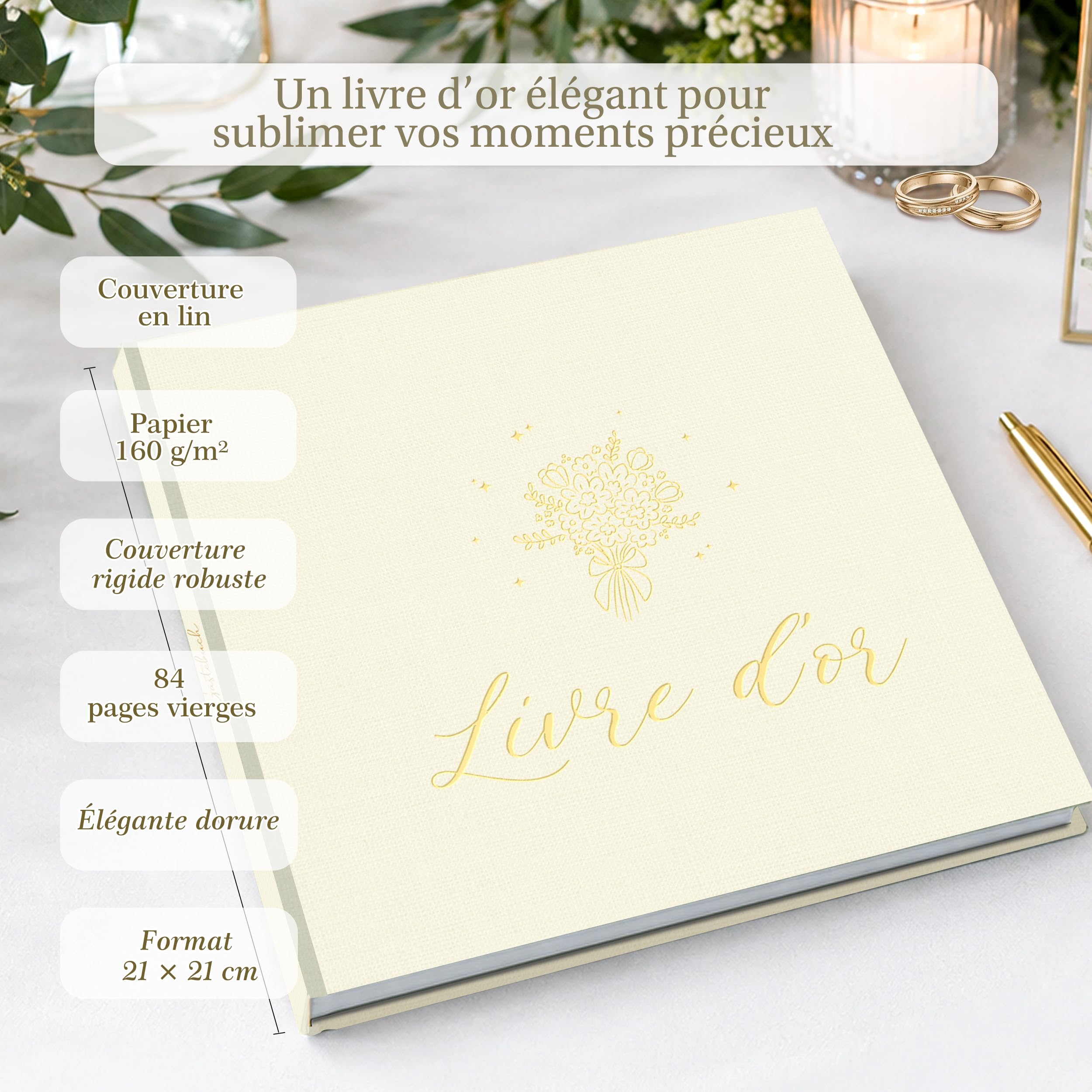 Livre d’or élégant couverture lin dorure 84 pages vierges mariage anniversaire baptême