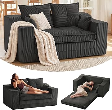Apicizon 56" Convertible Tri-fold Sofa Bed, 2 in 1 Boneless Loveseat Sofa Couch with 4 Pillows, Pull Out Couch for Living Room Apartment, No Assembly Required, Corduroy Dark Grey