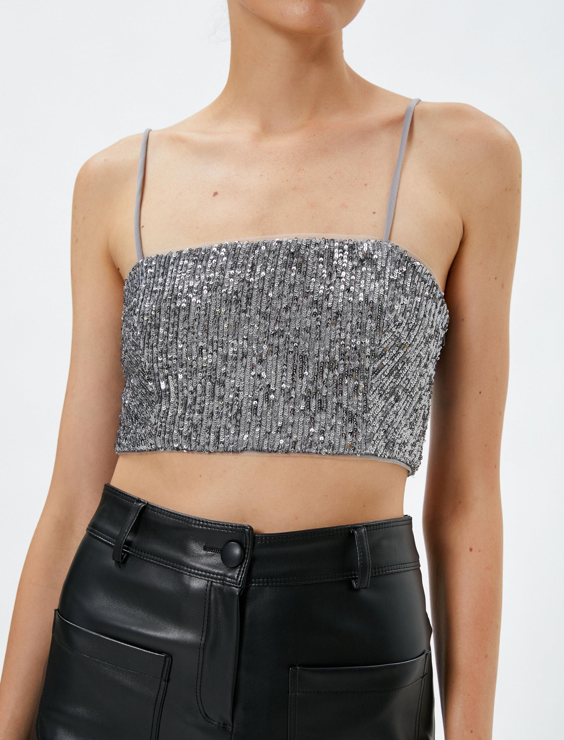 Koton Crop Tank Top Sequined Spaghetti Straps Slim Fit Camiseta para Mujer