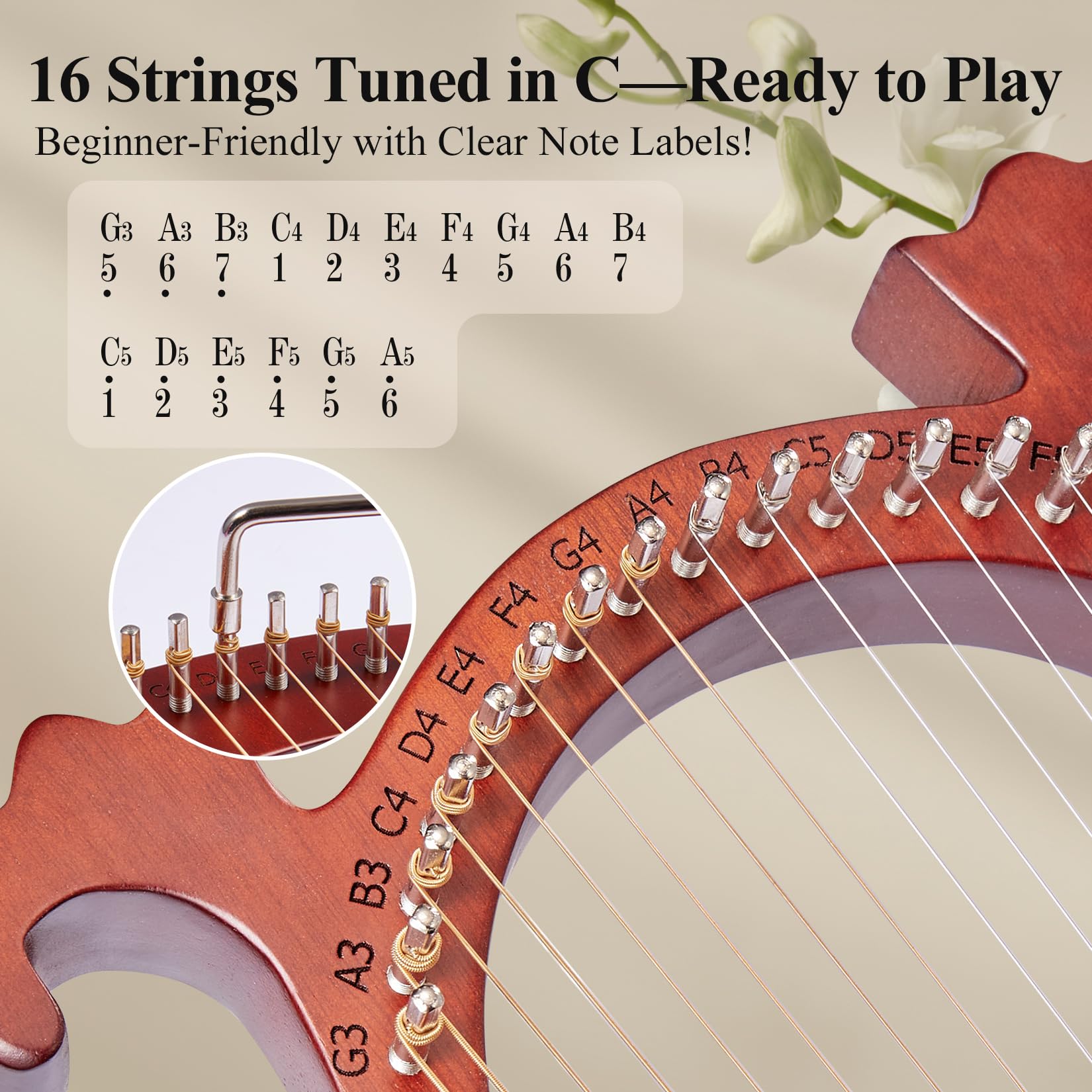 Lyre Harpe 16 cordes en Métal Lyre Instrument de Musique en Acajou avec Clé d'accordage Cordes de Rechange Livre de Musique en Englais Portable Sac, Harp pour Adultes Enfants Débutants