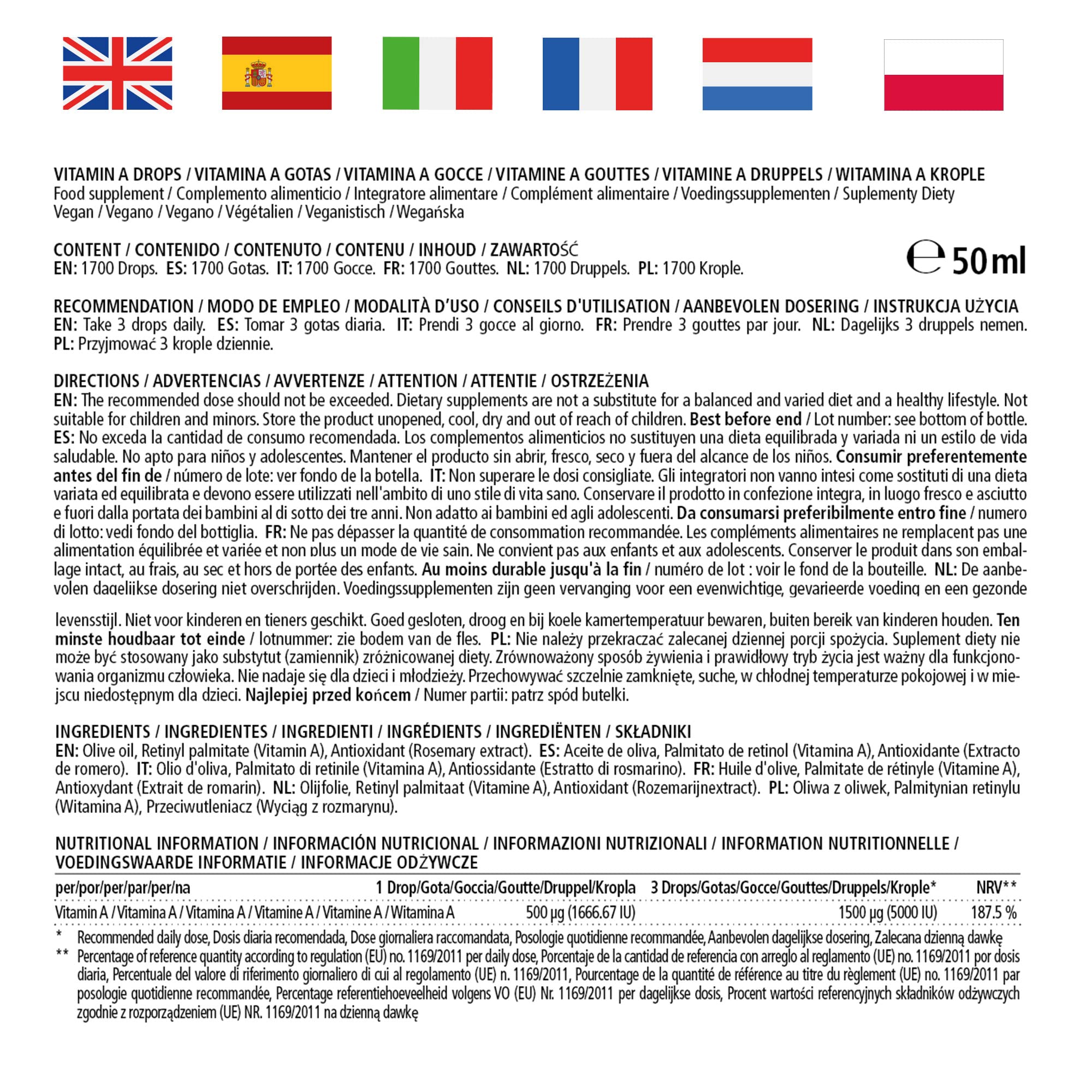 Vitamina A Gocce 5000 UI ad Alto Dosaggio per Dose Giornaliera, Retinolo Vegano & Liquido, 50 ml (1700 Gocce), Alta Biodisponibilità, Integratore Alimentare Naturale & Pura, senza Additivi