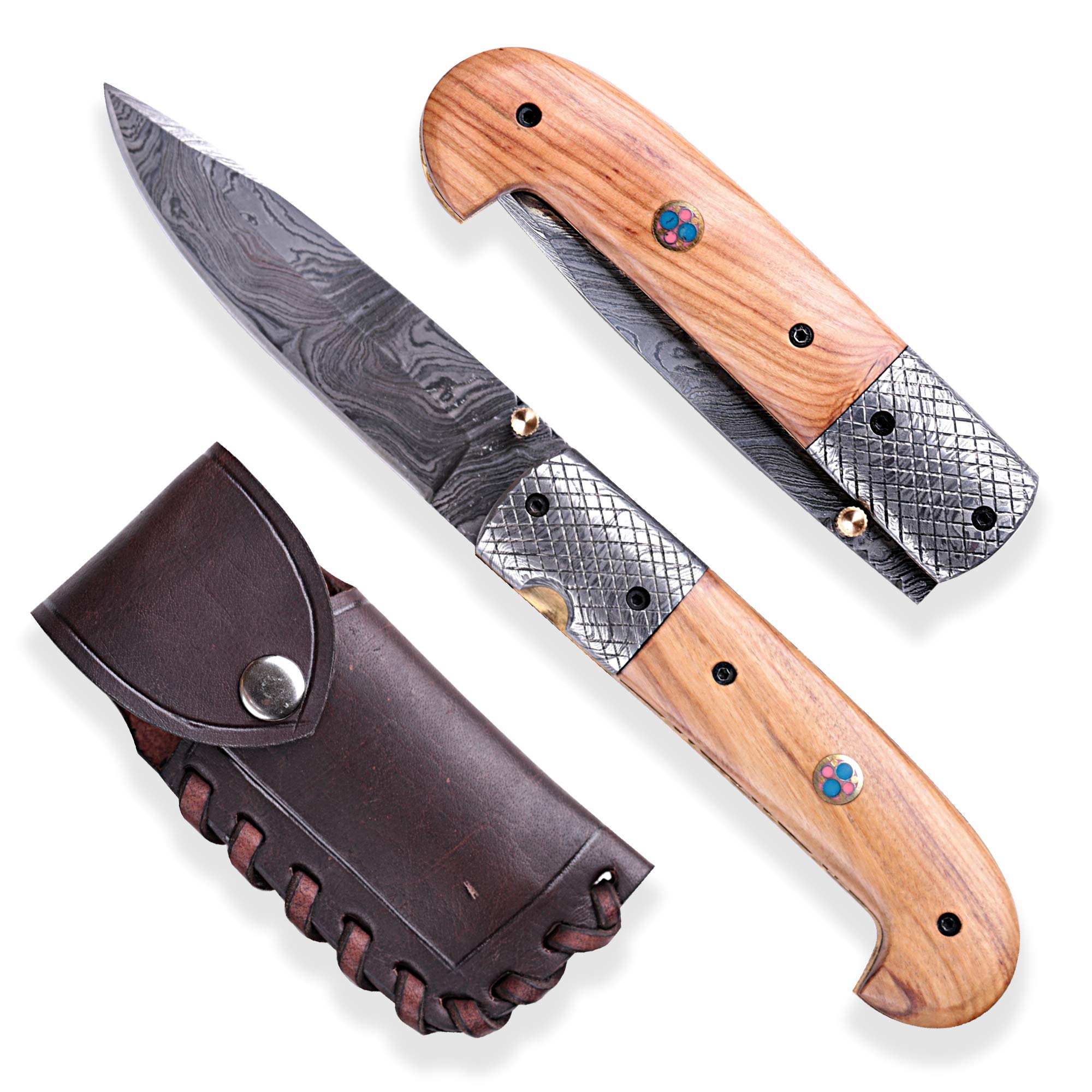 DELLINGER Olive Sentinell & adamaszek scyzoryk i nóż składany i stal damasceńska nóż i outdoorowy nóż ze stali damasceńskiej, nóż składany, ostrze 9,5 cm