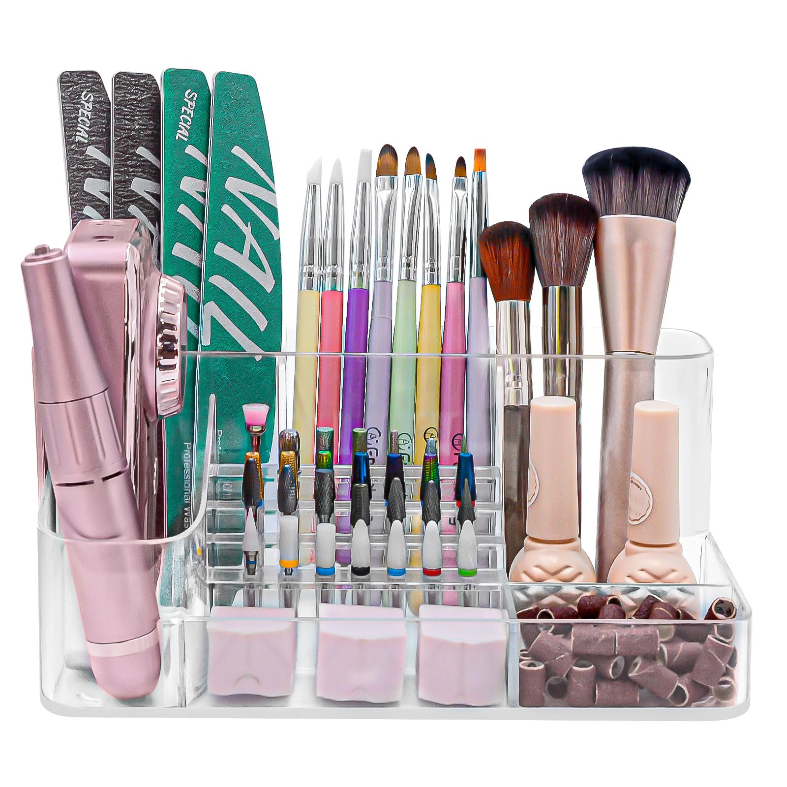 ANRUI Boîte de Rangement pour Forets à Ongles, 28 Trous Acrylique Support Embout Ponceuse Ongles, 7 Compartiments Organisateur Présentoir pour Outils de Manucure, Transparent