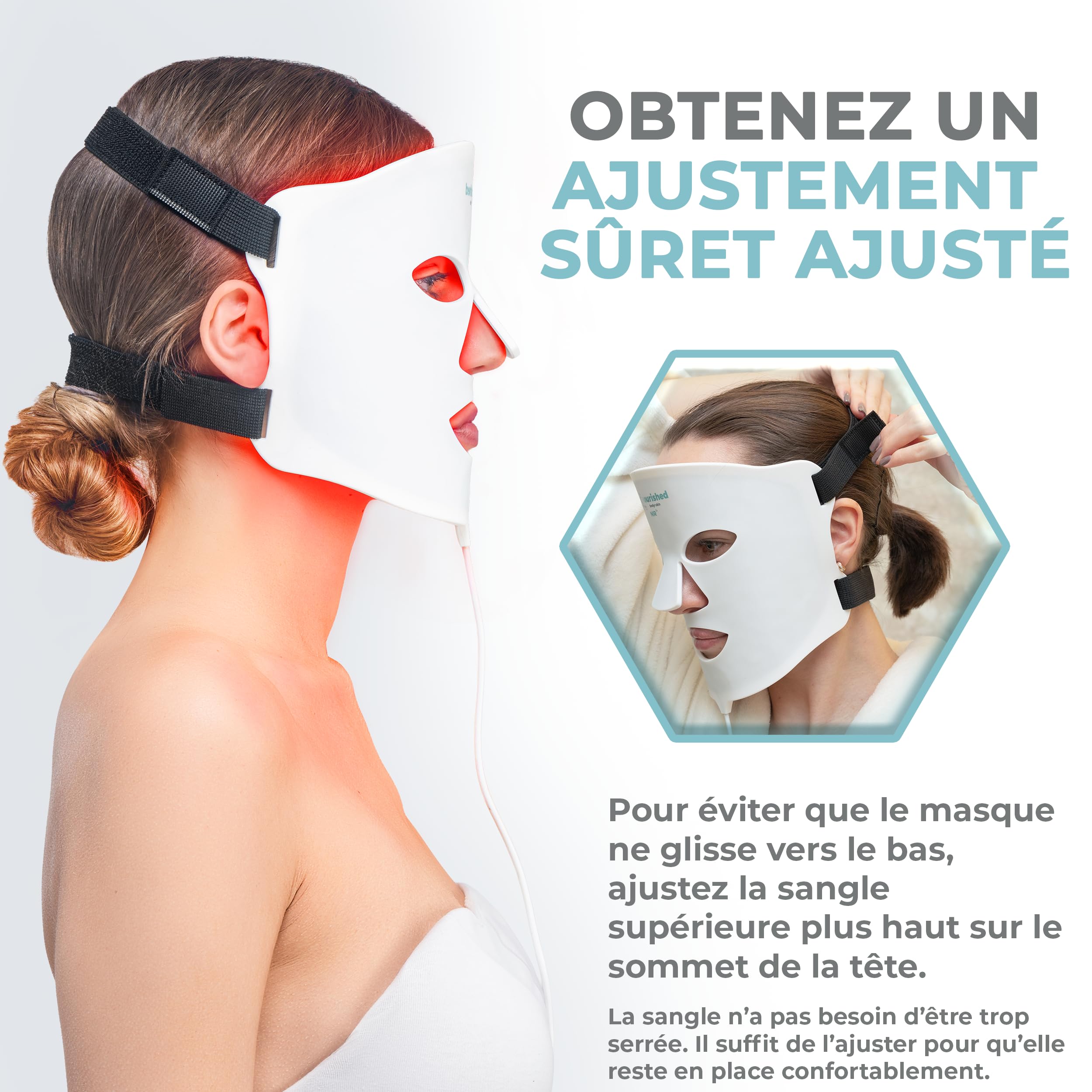Nourished Bodynskin Masque facial LED 7 couleurs avec infrarouge proche - Luminothérapie bleue, rouge pour le visage - 456 LED - Outil de soin pour les rides, anti-âge