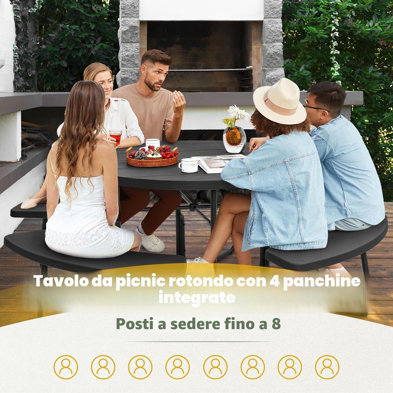 GIANTEX Set da Giardino e Picnic per 8 Persone, Tavolo Rotondo con 4 Panche Integrate, Tavolo da Birra in HDPE Impermeabile con Foro per Ombrellone, Arredamento da Esterno per Giardino e Terrazzo