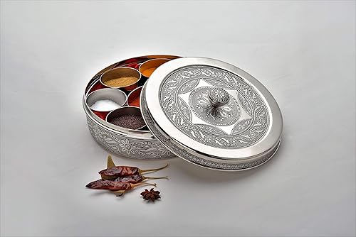 Miniatura 4 de Caja de especias india Masala Dabba Contenedor de almacenamiento de acero inoxidable organizador de cocina caja de regalo con siete recipientes