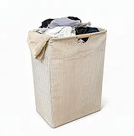 Cesto de Roupa Suja Grande, 54L, Bambu, Dobrável, Impermeável e Autoportante para Lavanderia, Quarto, Dormitório, Toalhas, Brinquedos (Bege Stripes)