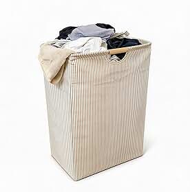 Cesto de Roupa Suja Grande, 54L, Bambu, Dobrável, Impermeável e Autoportante para Lavanderia, Quarto, Dormitório, Toalhas, Brinquedos (Bege Stripes)