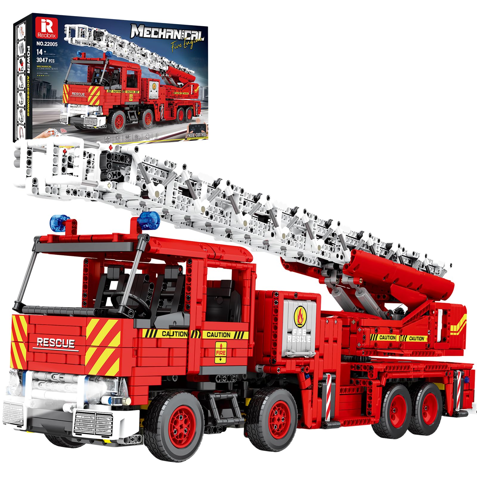 Reobrix RC Fire Ladder Truck Building Block, APP/Remote Control Engineering Fire Rescue Vehicle with Retractable Ladder/Stabilizer Leg, 22005 Technical Brick Car Gift for Adult Teens 14+ (3047Pcs)
