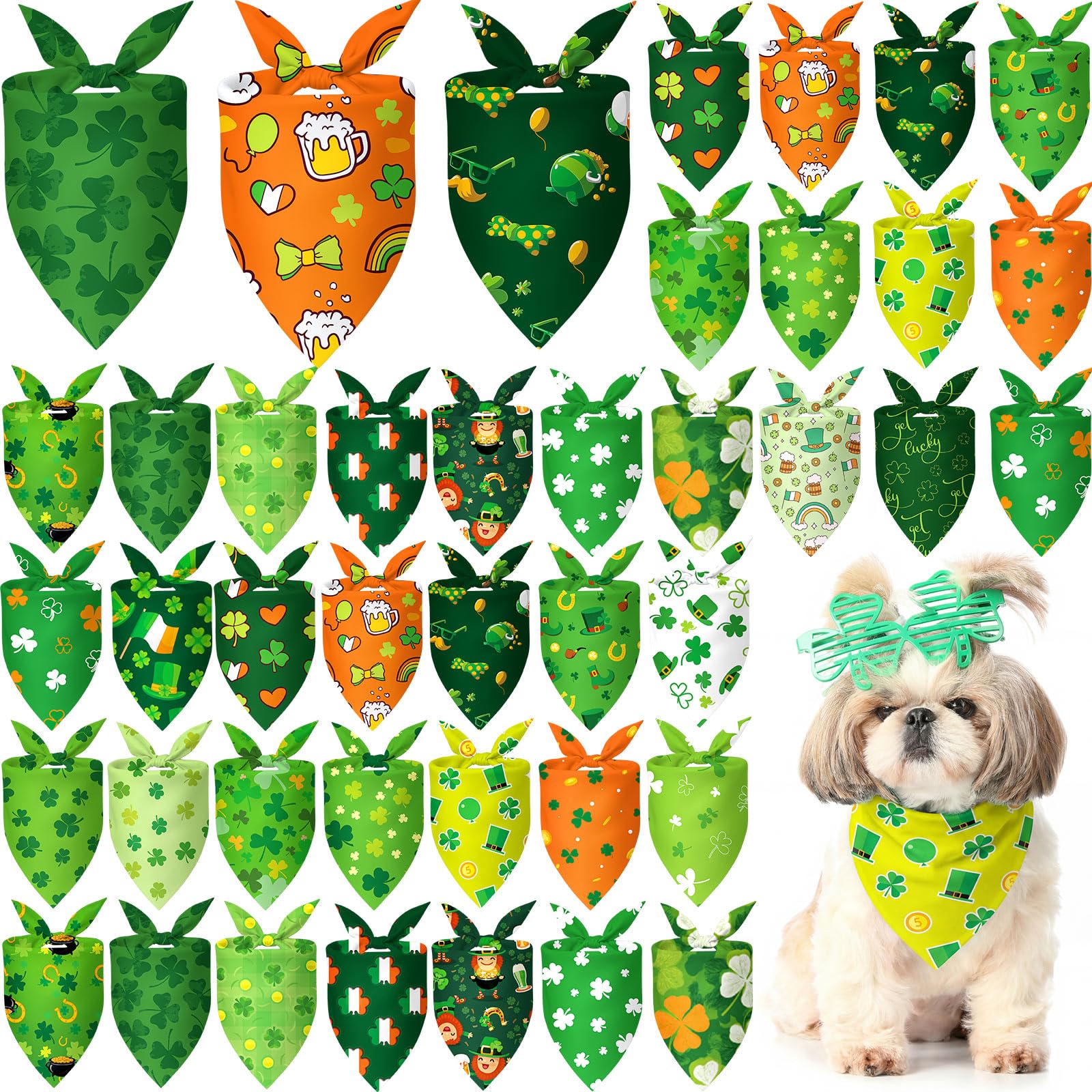 Abbylike 50 Pcs St Patrick's Day Dog Bandanas Bulk Green Shamrocks Bandanas for Dogs Triangle Kerchief Bibs Scarf for Pet Irish Costume Photo Props Pet Shops Groomer, 25 Styles (19.7 x 13.8 x 13.8)