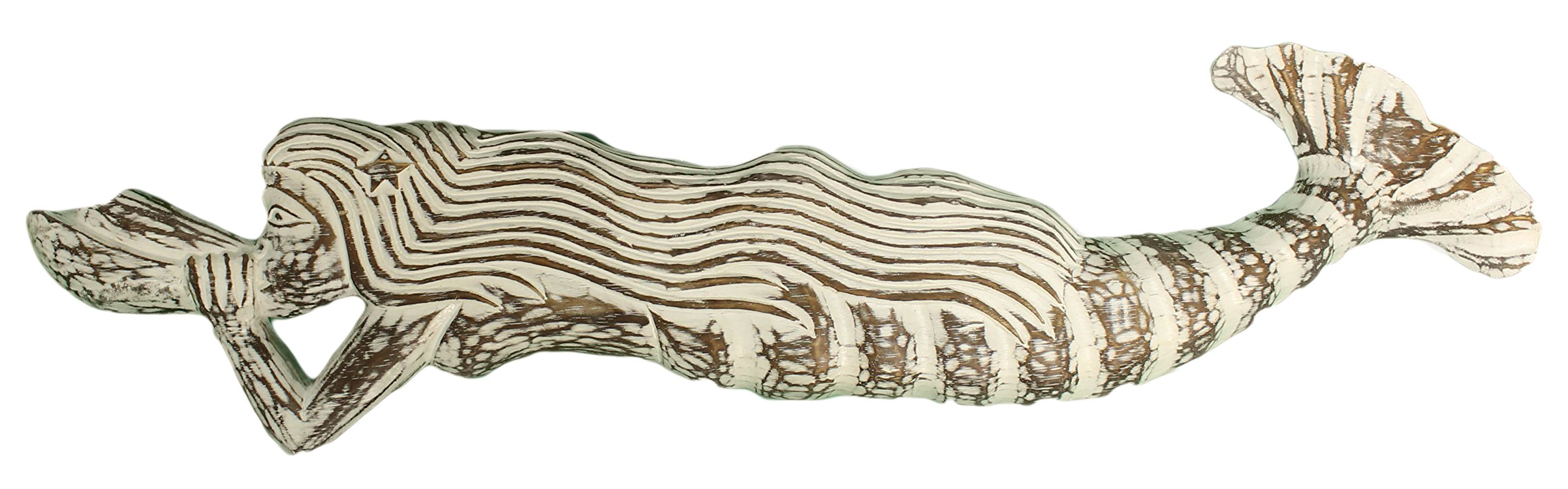 Large (23 Inches long!) Hand Carved/ Painted Wooden Mermaid w/ Conch Shell Plaque, white