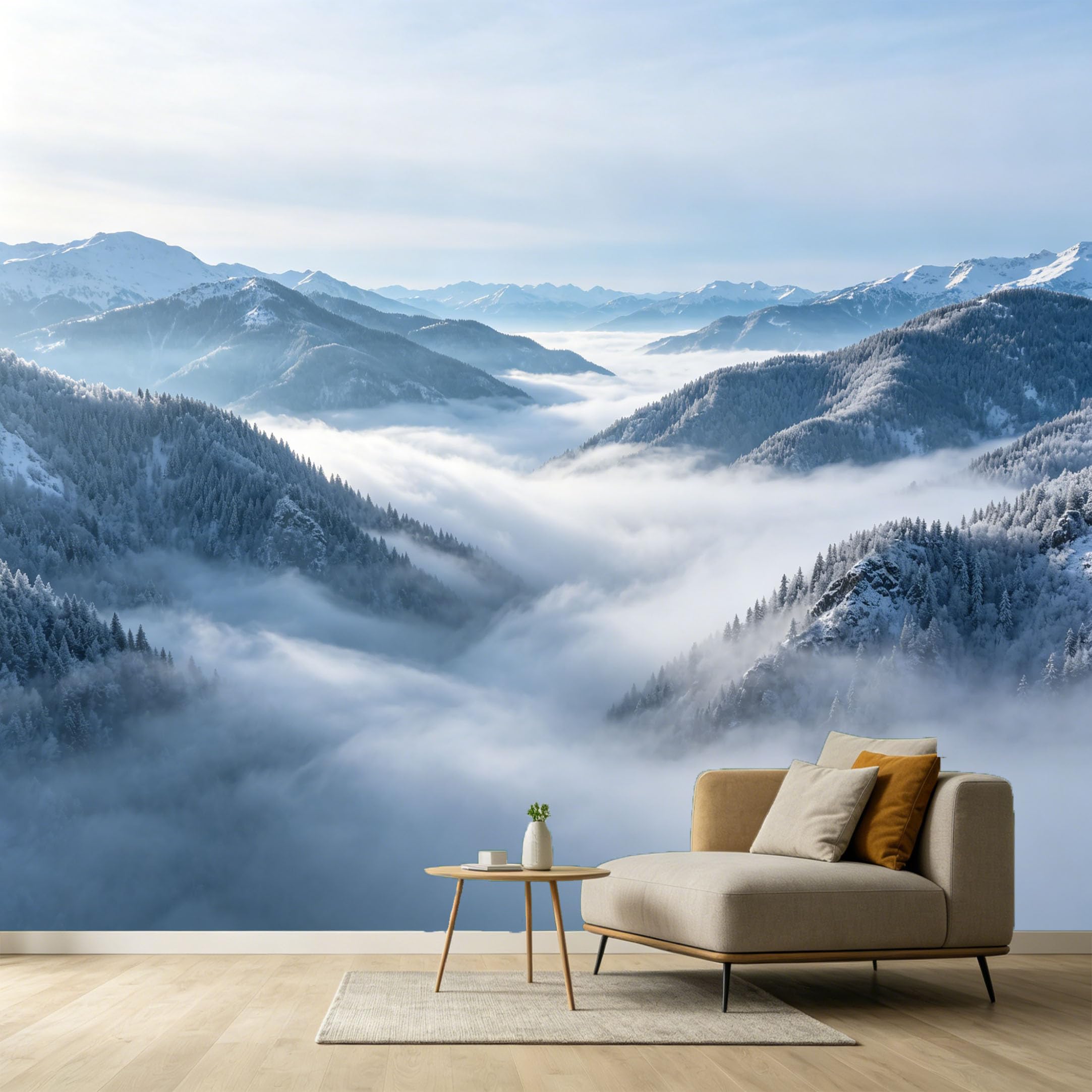 Custom Size Wall Murals Mountain/Lake Landscape Snow Peaks Pine Trees Foggy Valley SelfAdhesive Wall Fabric Removable Large Wallpaper for Photo Living Room