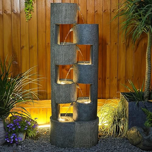 51 Inch Outdoor Water Fountain with LED Lights Tiered Waterfall Fountain Outdoor Garden Water Feature Durable Resin Fiberglass with Pump Stones Weatherproof Indoor Outdoor Patio Decor