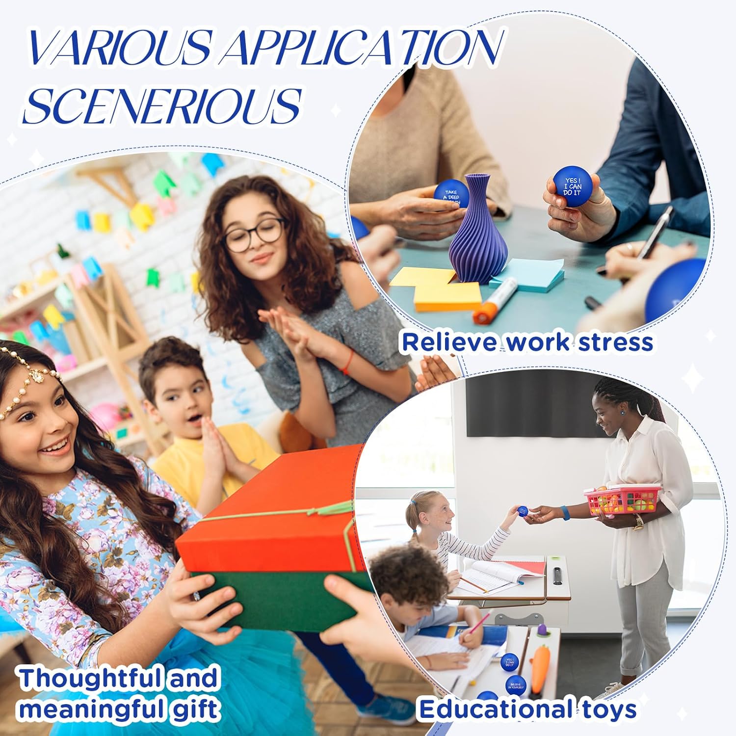 Shappy 72 Pcs Inspirational Stress Relief Balls Motivational Stress Ball Encouraging PU Bulk Balls for Adults Small Therapy Fidget Relief Toys for Valentines Gifts (Blue) - Image 7