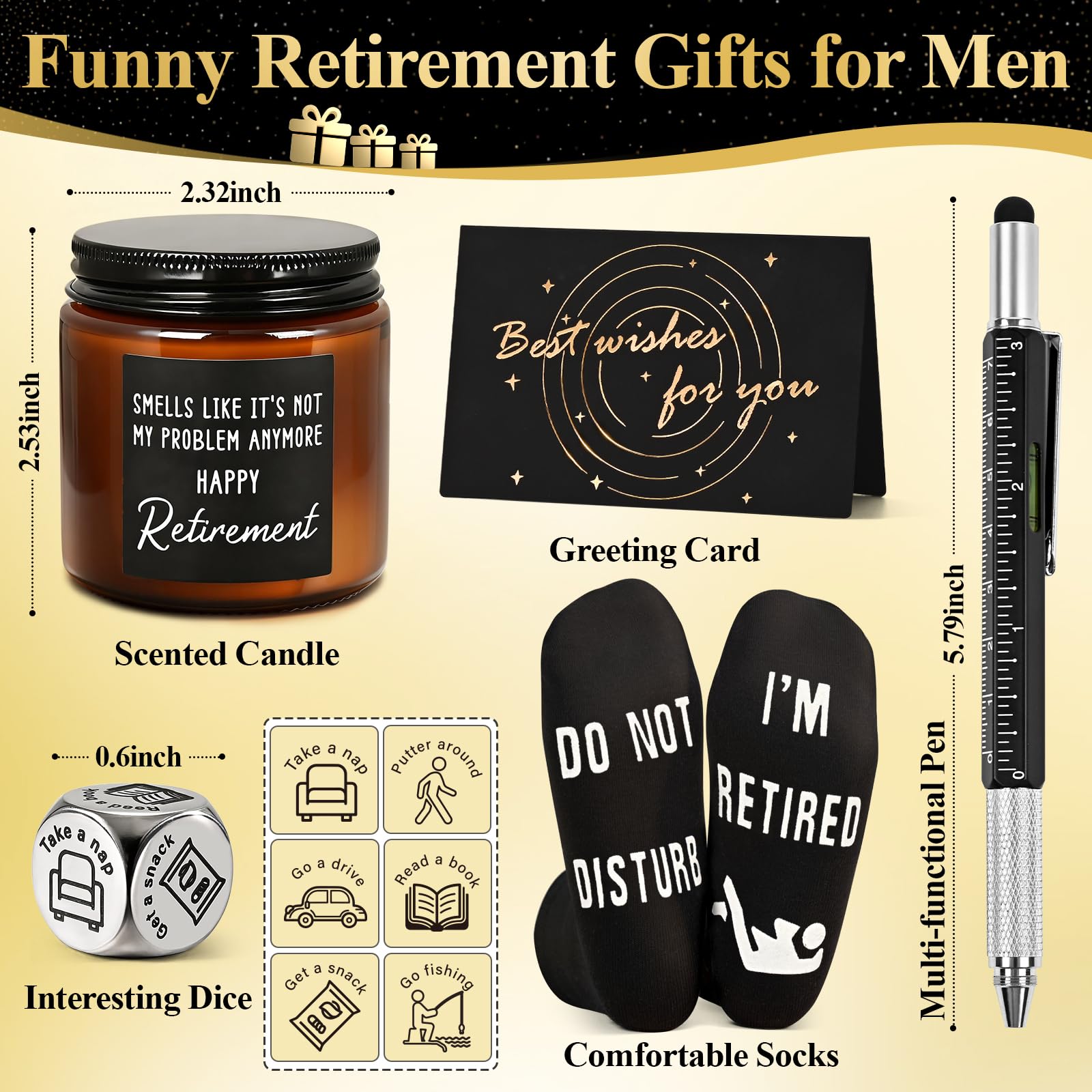 Cabtnca 8 Pcs Retirement Gifts for Men Funny Retirement Gift for Men 2026, for Coworker Dad Boss Grandpa Teachers, Includes Mug Hat Candle Socks Dice Pen Greeting Card, Retired Gifts for Man