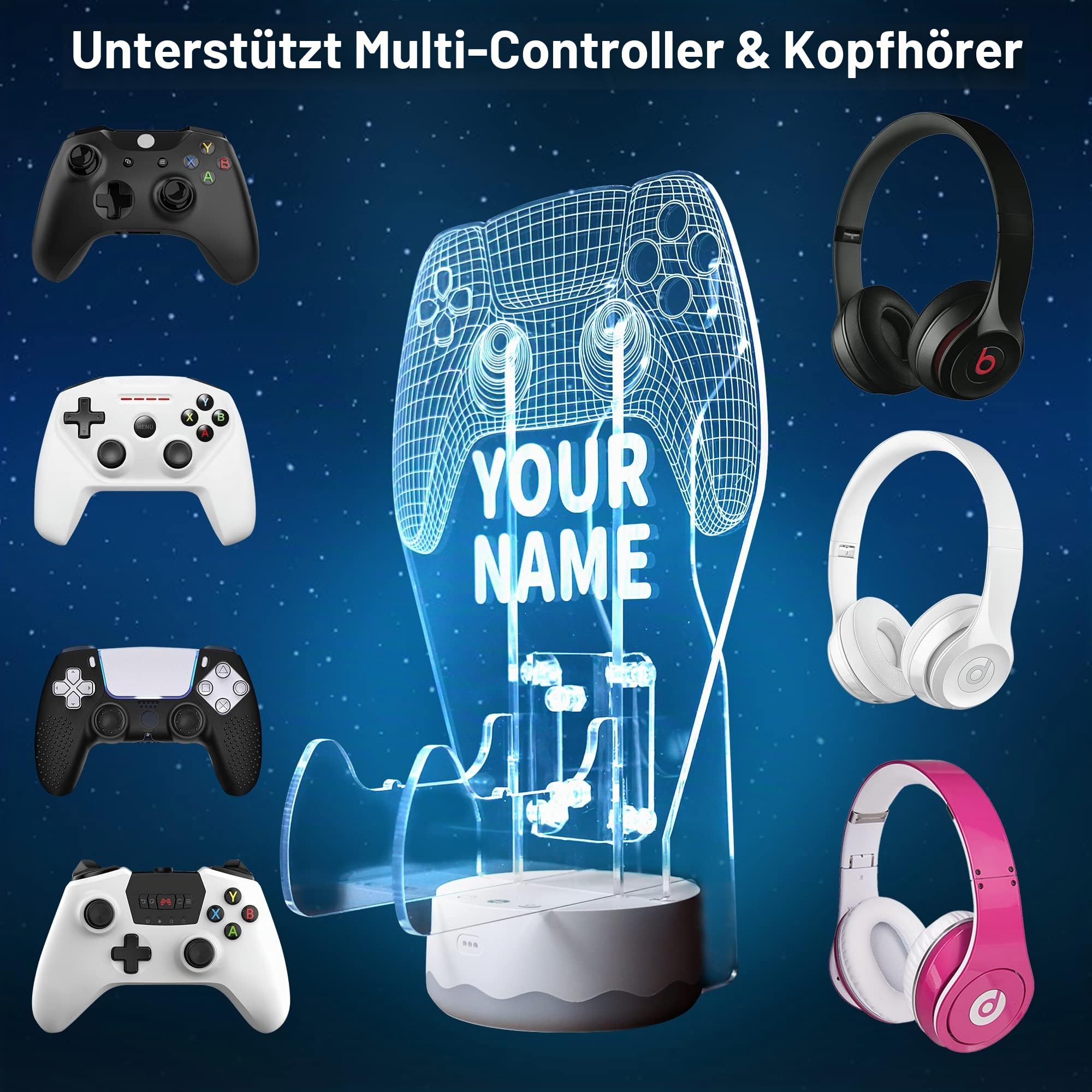 YuanDian Personalisierte Licht bis Kopfhörer-Controller-Halter, 16 Farben 3D-LED-Leuchten Gamepad Stand, Game Controller Hanger für alle Universal-Gaming-PC-Zubehör, Xbox PS4 PS5 Nintendo ONE Switch