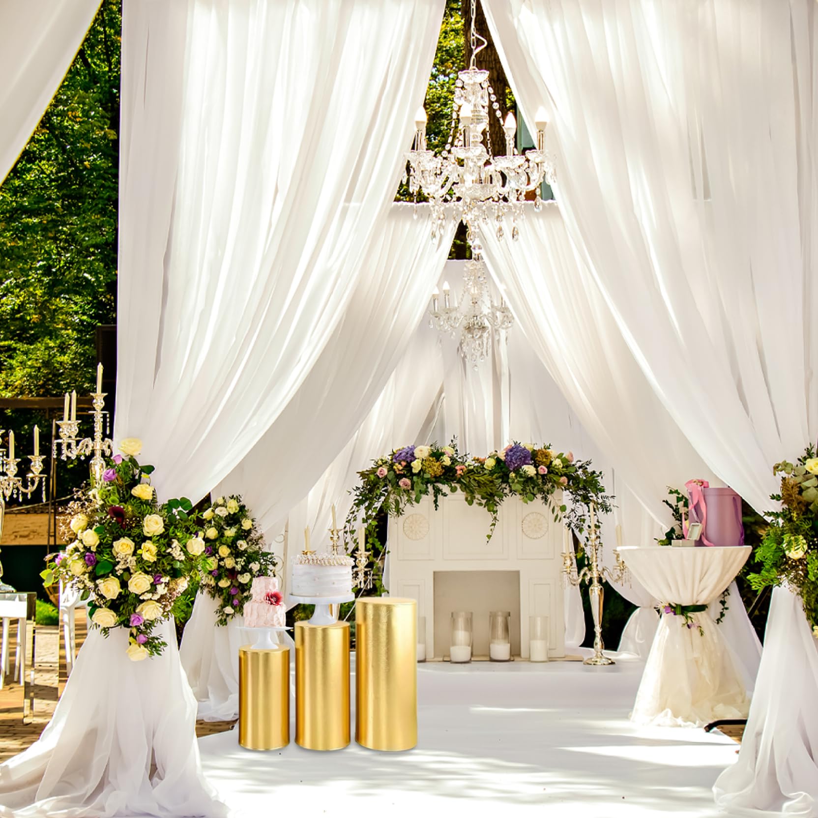 KUYYFDS Cylinder Covers for Parties 3Pcs Elastic Cylinder Stand Covers Golden Metal Cylinder Pedestal Stands Slipcovers Plinth Stand for Babyshower Party Prop, Wedding Decor Style 2