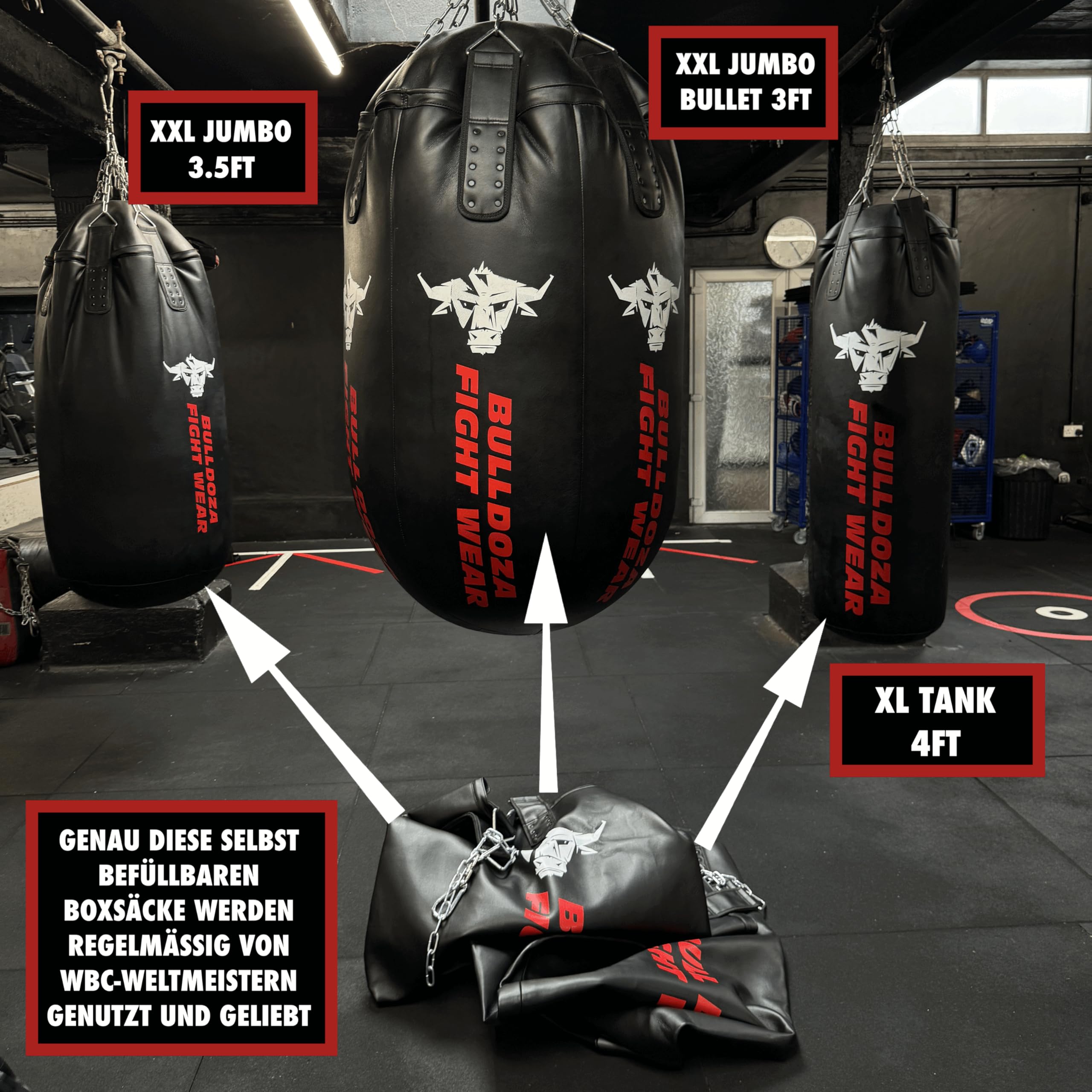 Jumbo Riesiger XXL Bull Doza Fight Wear Heavy Duty Self-Fill Punchingbag Boxsack mit Aufhängeketten, Drehgelenk, Karabiner, Boxsack für MMA, Kickboxen, Muay Thai, Kampfsport