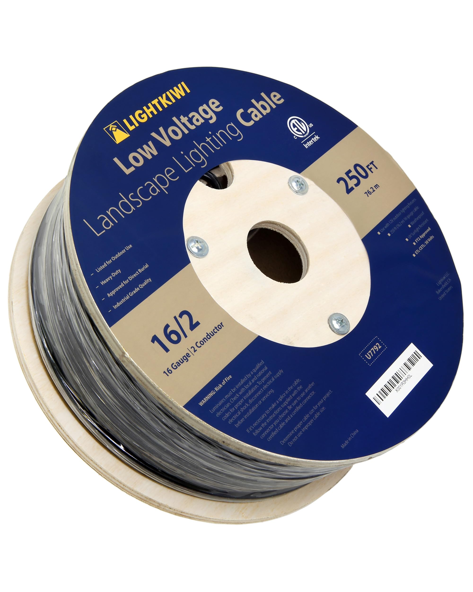 Lightkiwi 16/2 Low Voltage Landscape Lighting Wire - 250 Feet - Weatherproof Outdoor Underground Direct Burial Stranded Cable for Spotlight, Pathway