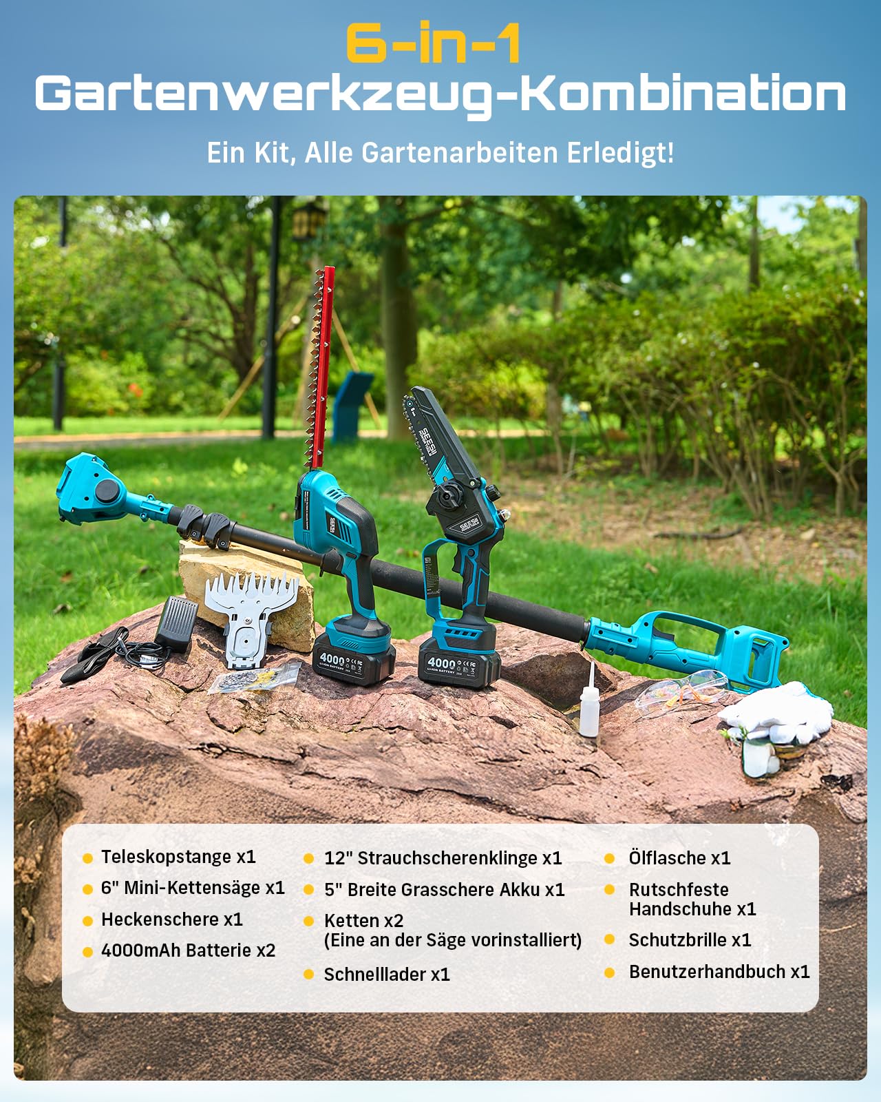 SEESII 6-in-1 Mini Kettensäge & Akku Heckenschere Set, Hochentaster mit 2 * 4000mAh Akkus, Maximale Reichweite bis zu 4,57m, Geeignet für Gartenpflege und zum Holzfällen