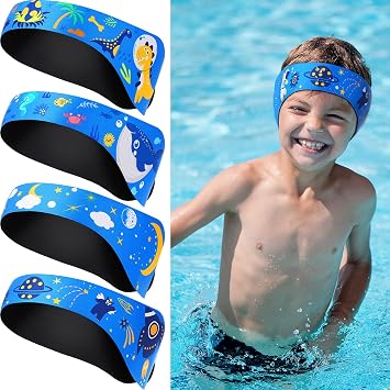 HESTYA 4 Pieces Swimming Headband for Kids, Swimming Ear Band Swim Band Ear Protection Bands Waterproof Adjustable Swim Headband Cute Cartoon Head Ear Bands Space Rocket, Sky, Whale, Dinosaur