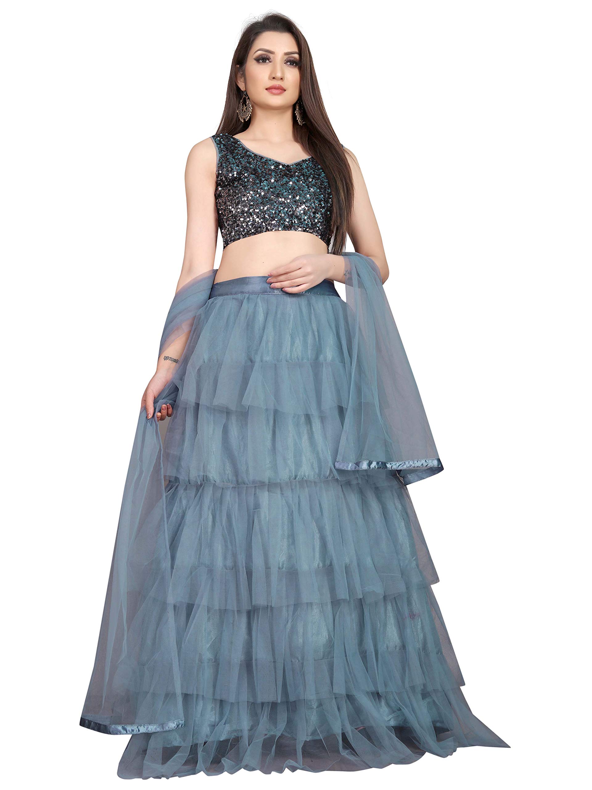 ArvikaWomen Net Semi stitched Lehenga Choli (Angel_Lehenga-Grey_Grey_Free Size)