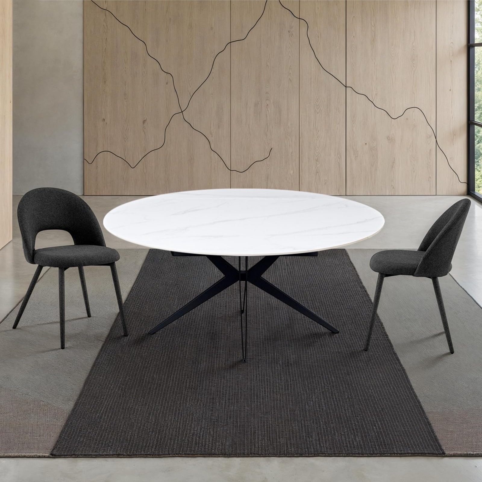 Tavolo Allungabile IDA Marmo Bianco, Rettangolare/Rotondo, Piano in Ceramica Effetto Marmo Bianco Opaco, Basamento in Metallo Grigio Opaco, L.160 x P.90/125/160 x H.76 cm