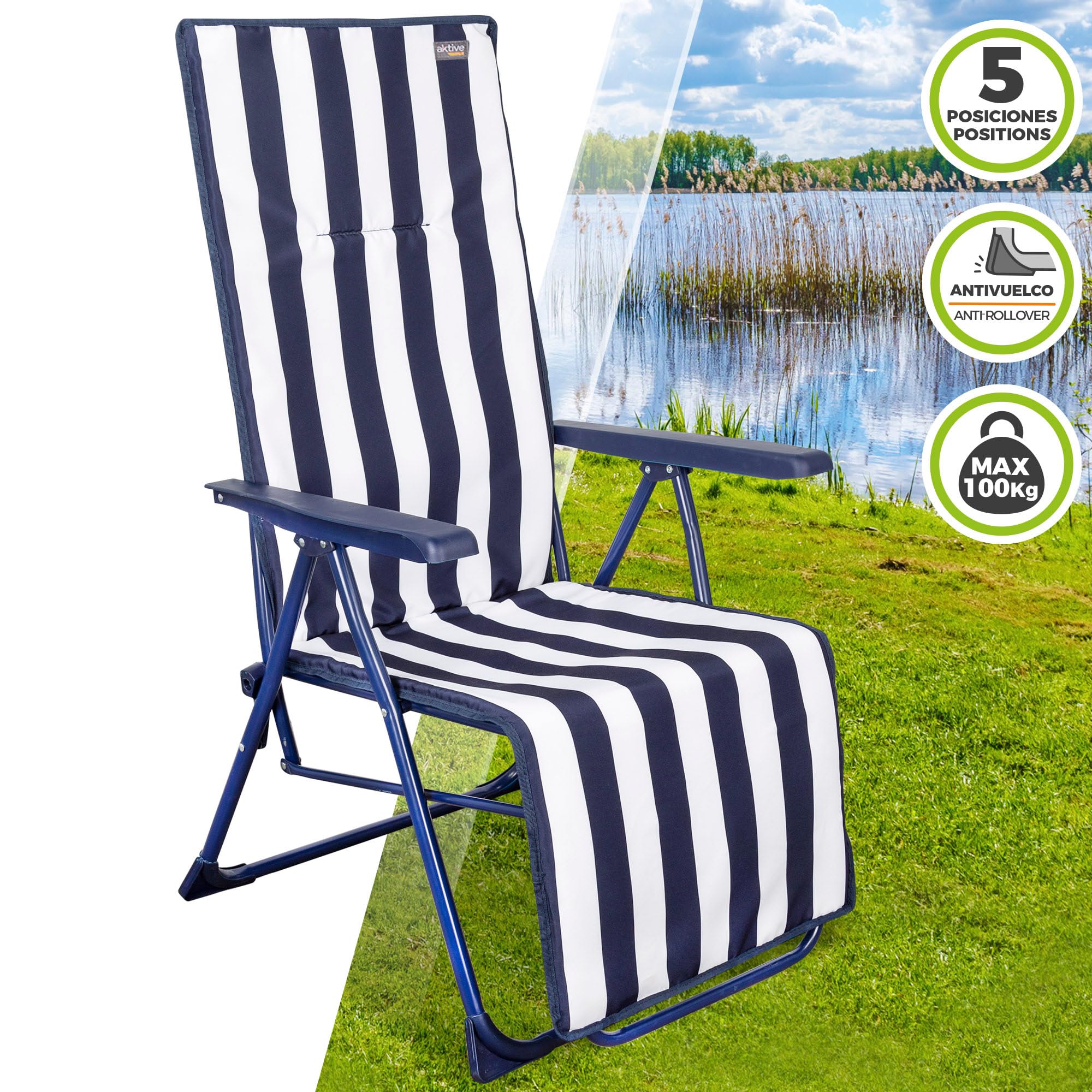 AKTIVE Lot de 2 Bains de Soleil pliants à Rayures Nautiques, 147x48x70 cm, Structure en Acier Ø22 mm, Assise rembourrée en térylène avec éponge, inclinable 5 Positions, Camping