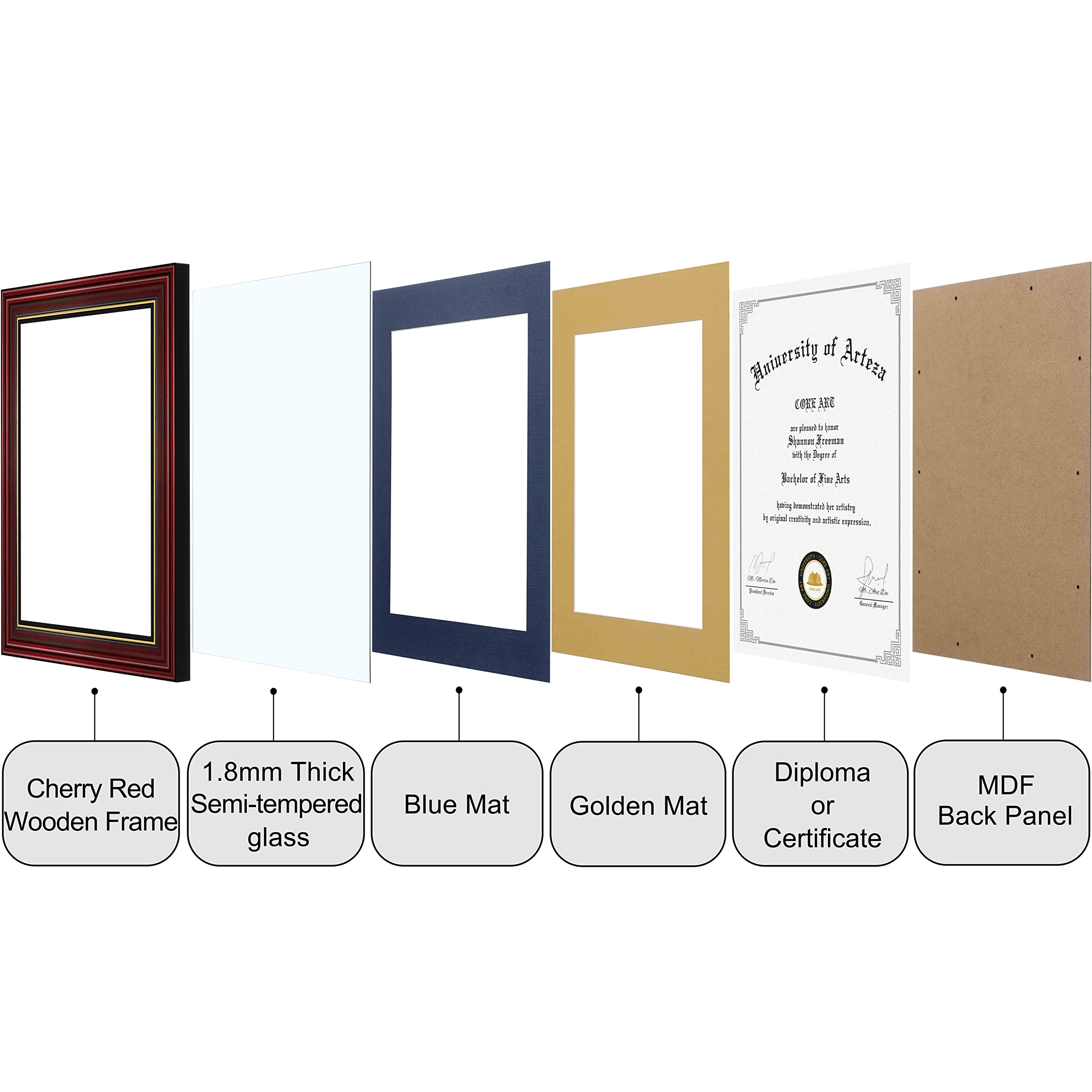 CORE ART 11x14 Diploma Frame Display Certificates 8.5 x 11 with Navy Mat or Documents 11 x 14 without Mat, College Degree Wooden Frame with Tempered Glass for Wall and Tabletop Display(Cherry Red)
