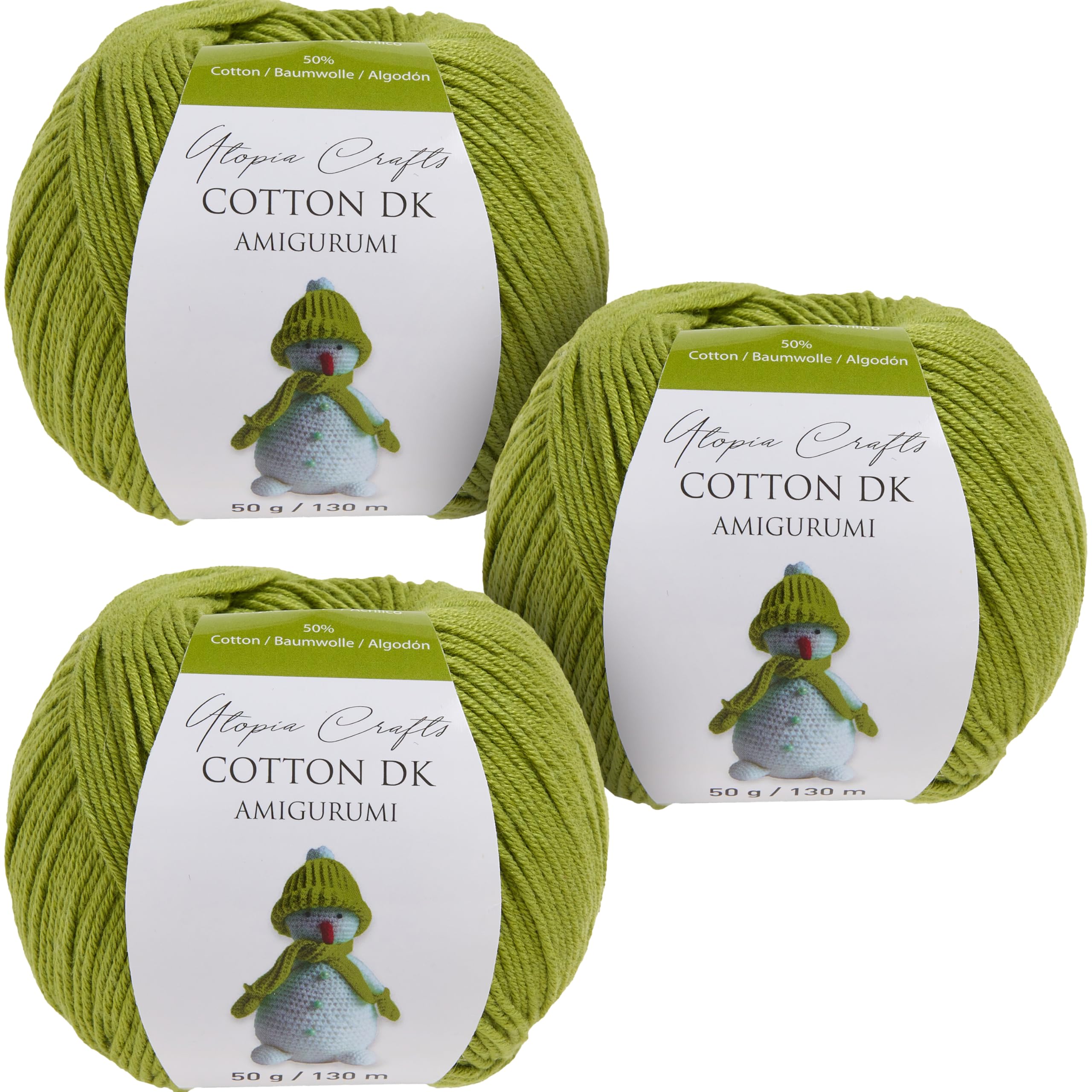 Utopia Crafts Amigurumi Cotton DK Yarn for Crochet and Knitting 50% Cotton, 50% Acrylic Blended, 3X 50g (Light Green)