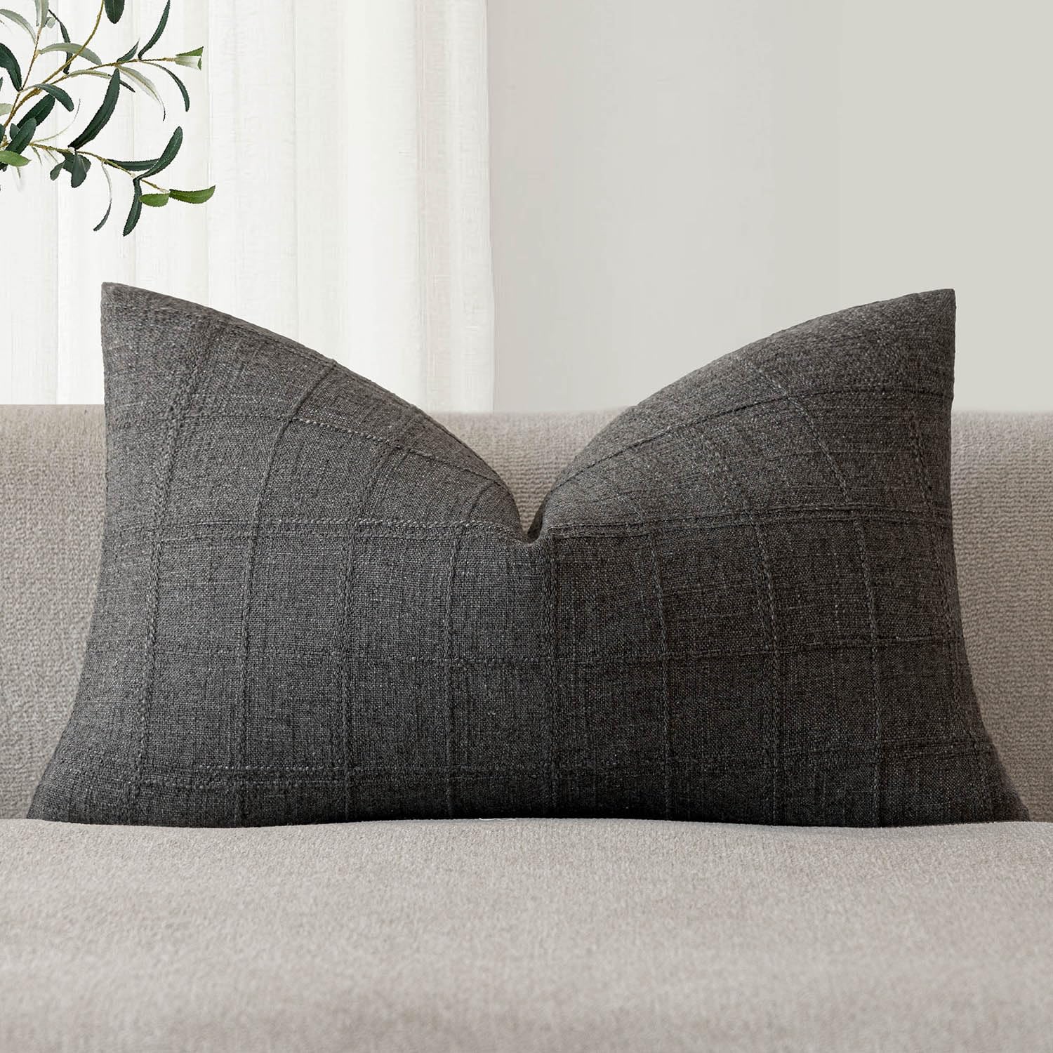 Foindtower Set of 1 Decorative Linen Check Throw Pillow Cover Neutral Farmhouse Lumbar Cushion Cover Modern Boho Home Decor for Sofa Chair Couch Bedroom Living Room,12×20 Inch,Charcoal