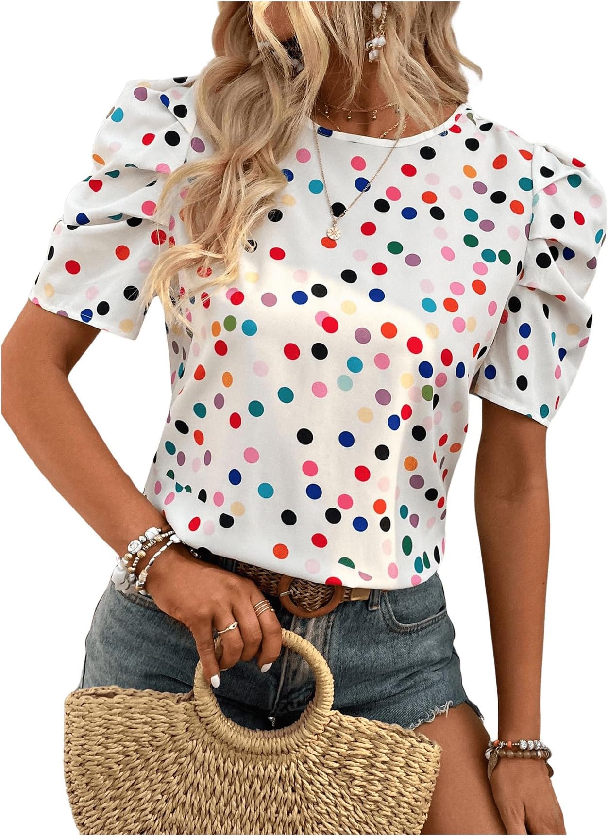 Floerns Women's Polka Dots Print Tie Back Short Puff Sleeve Blouse Shirts Top