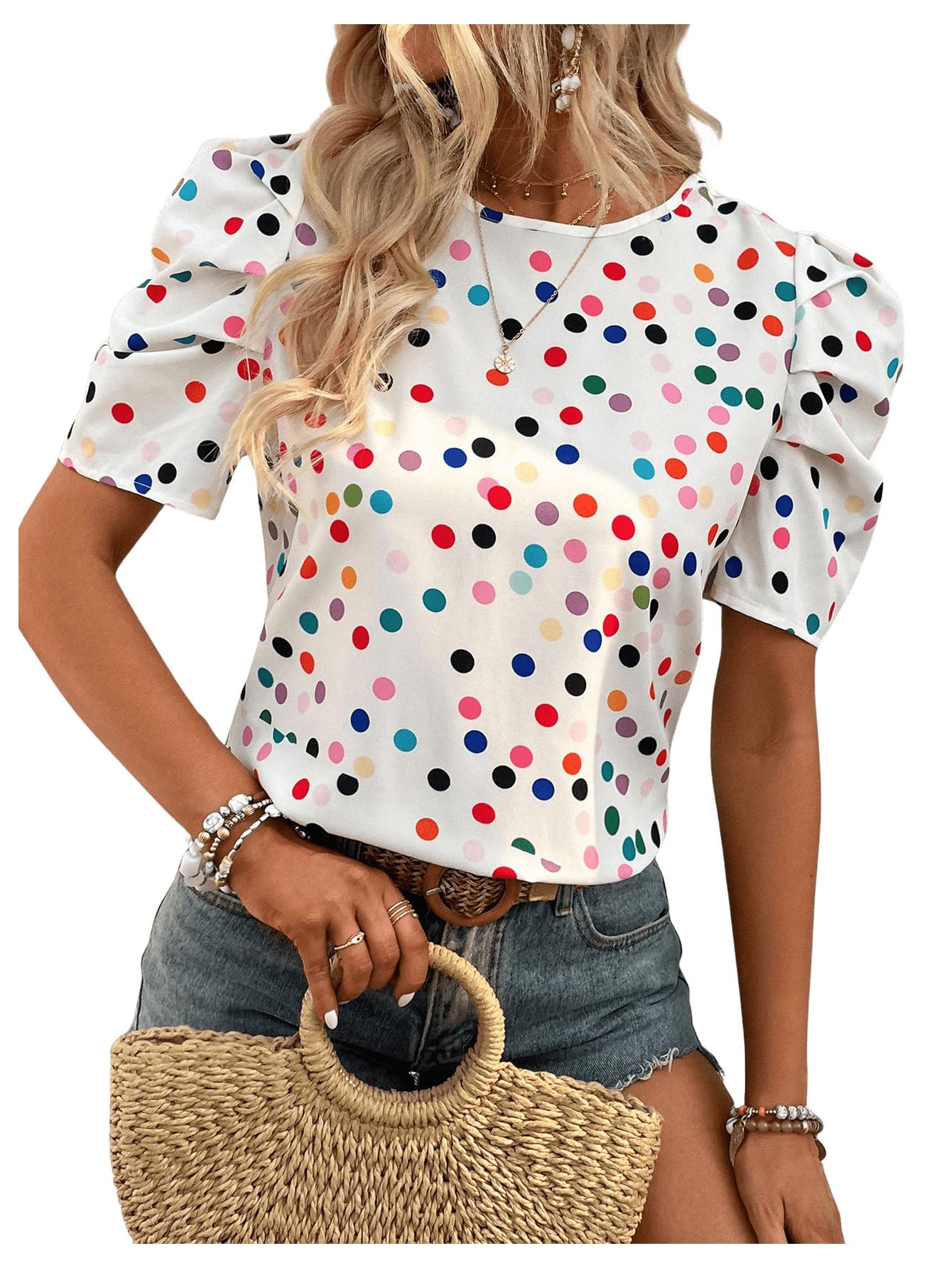 Floerns Women's Polka Dots Print Tie Back Short Puff Sleeve Blouse Shirts Top